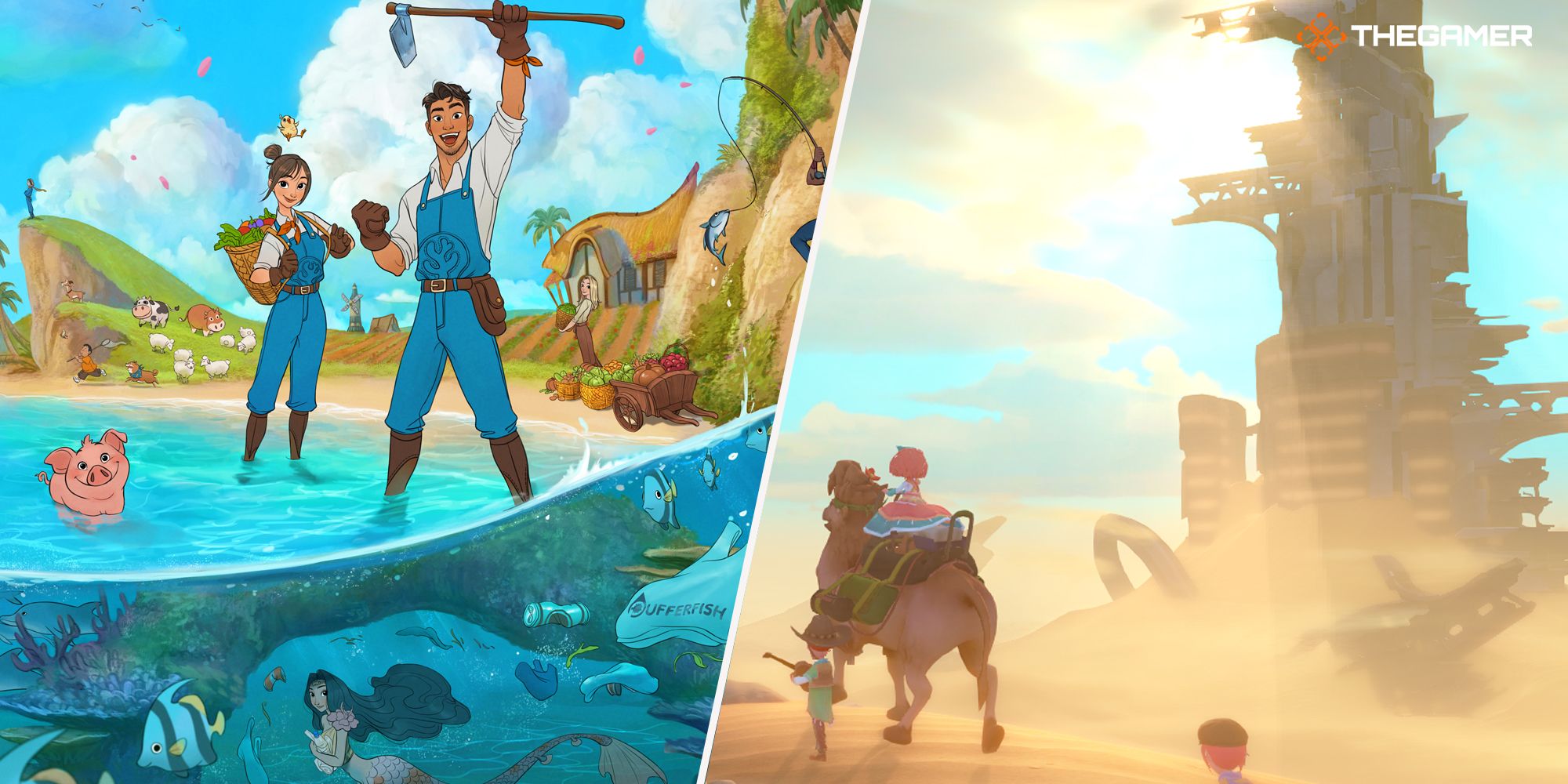 Combined image of key art from Coral Island and My Time At Sandrock