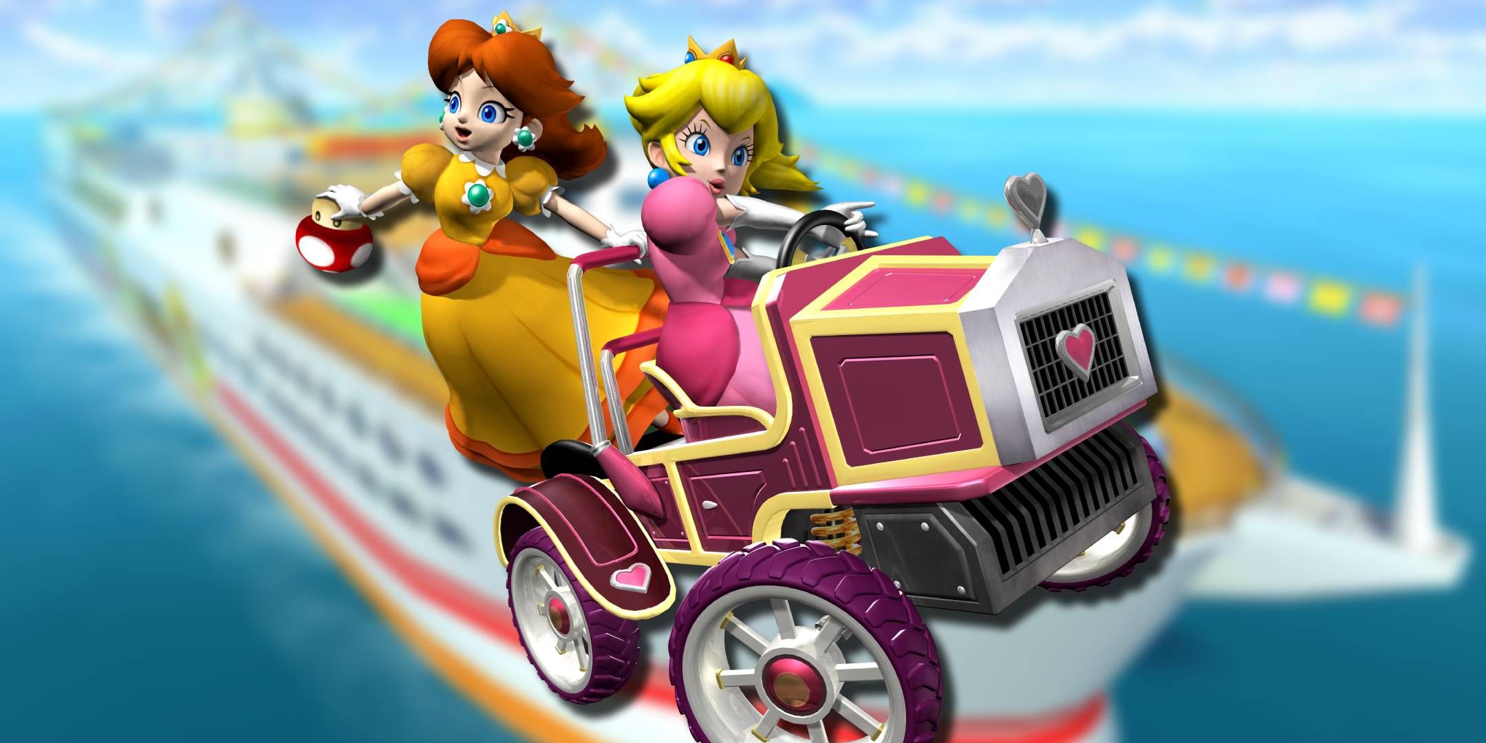 Daisy and Peach on their Mario Kart: Double Dash car in front of Daisy Cruiser.