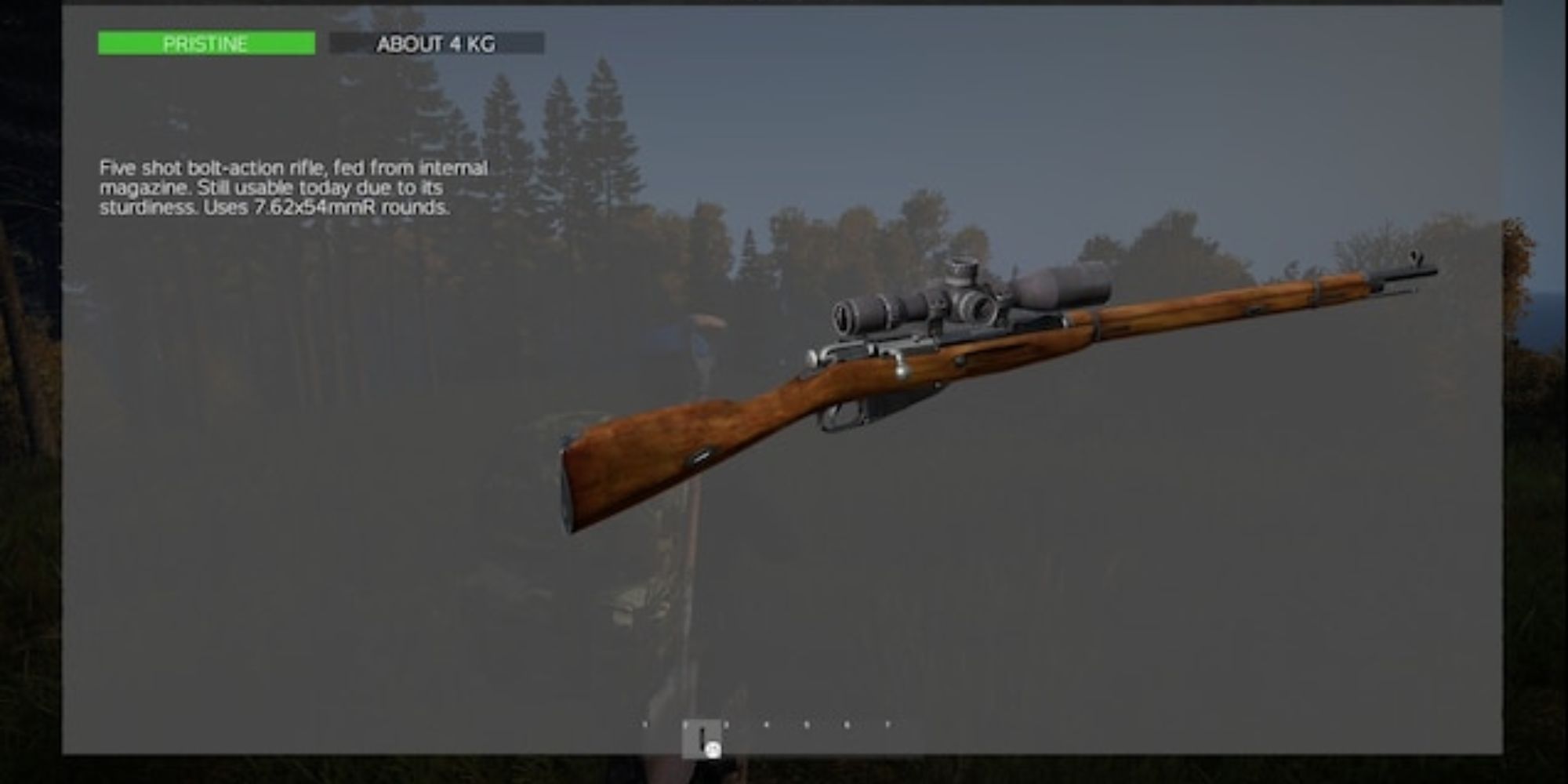 A DayZ screenshot of a Mosin bolt action rifle with an attached scope.