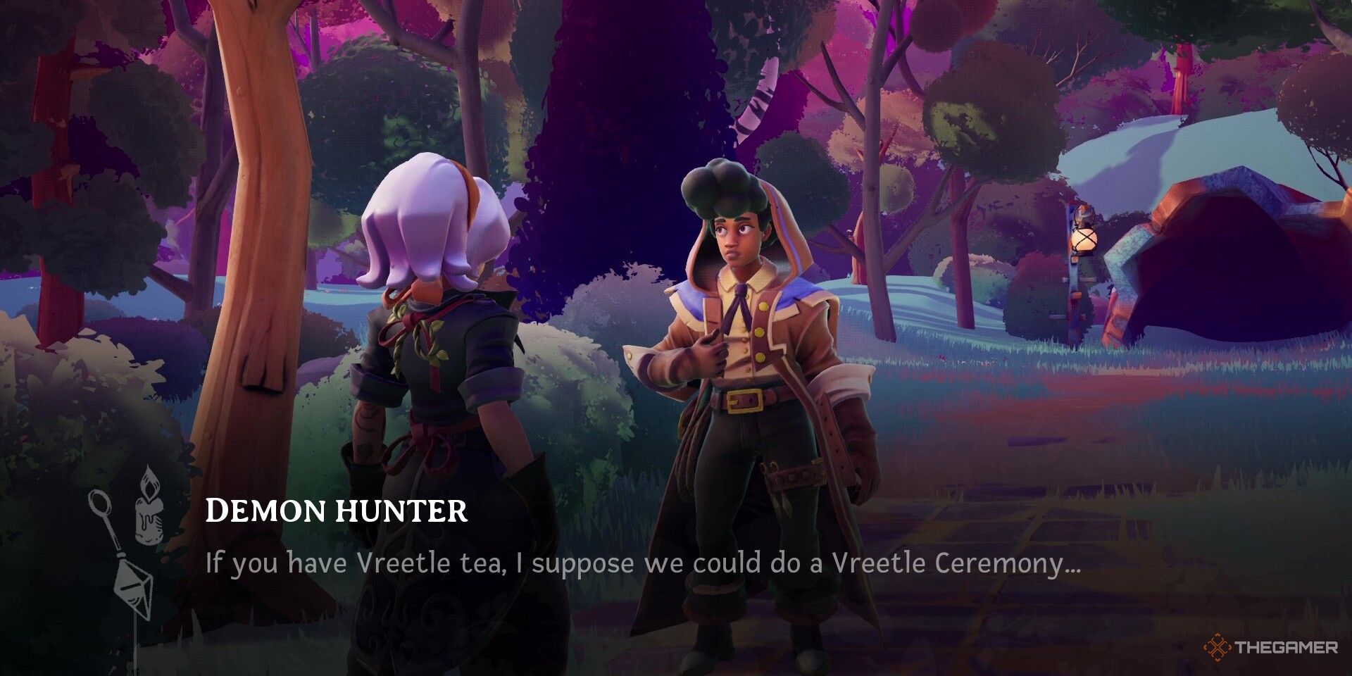 The Demon Hunter asking Alta for Vreetle tea in Wanderstop.