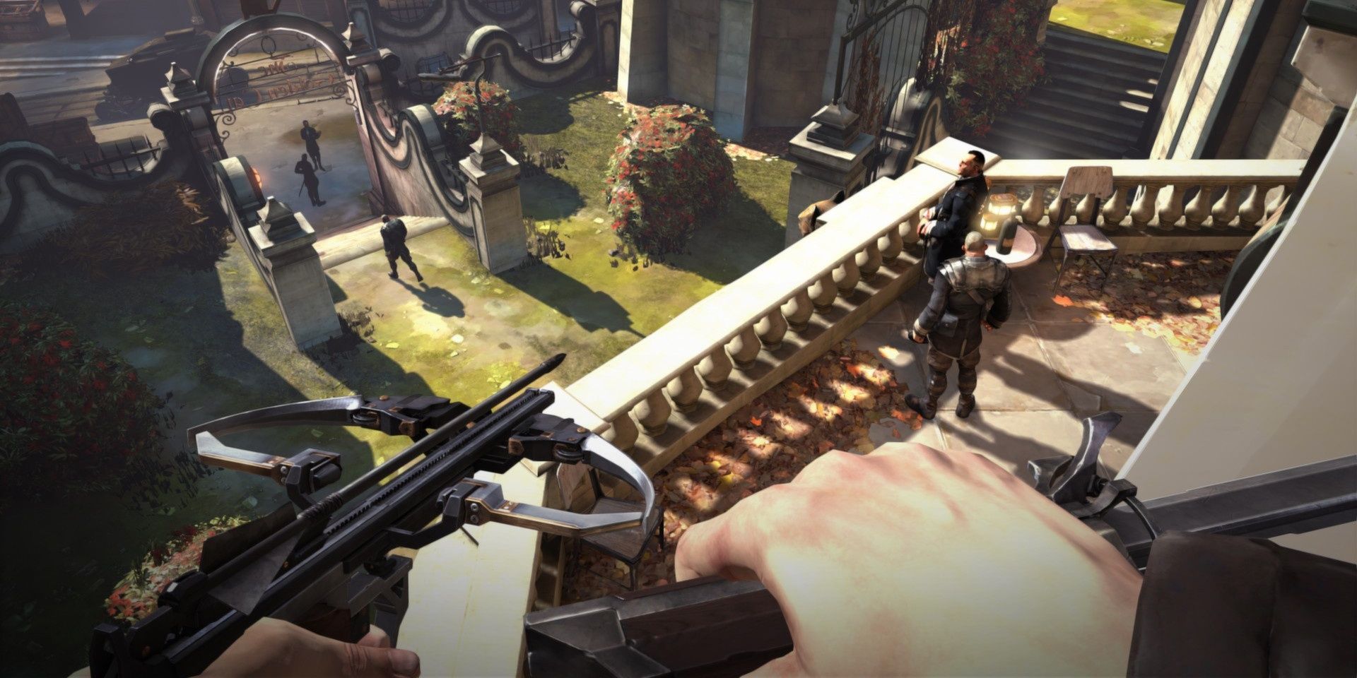 A screenshot showing the player looking down from a vantage point in Dishonored.