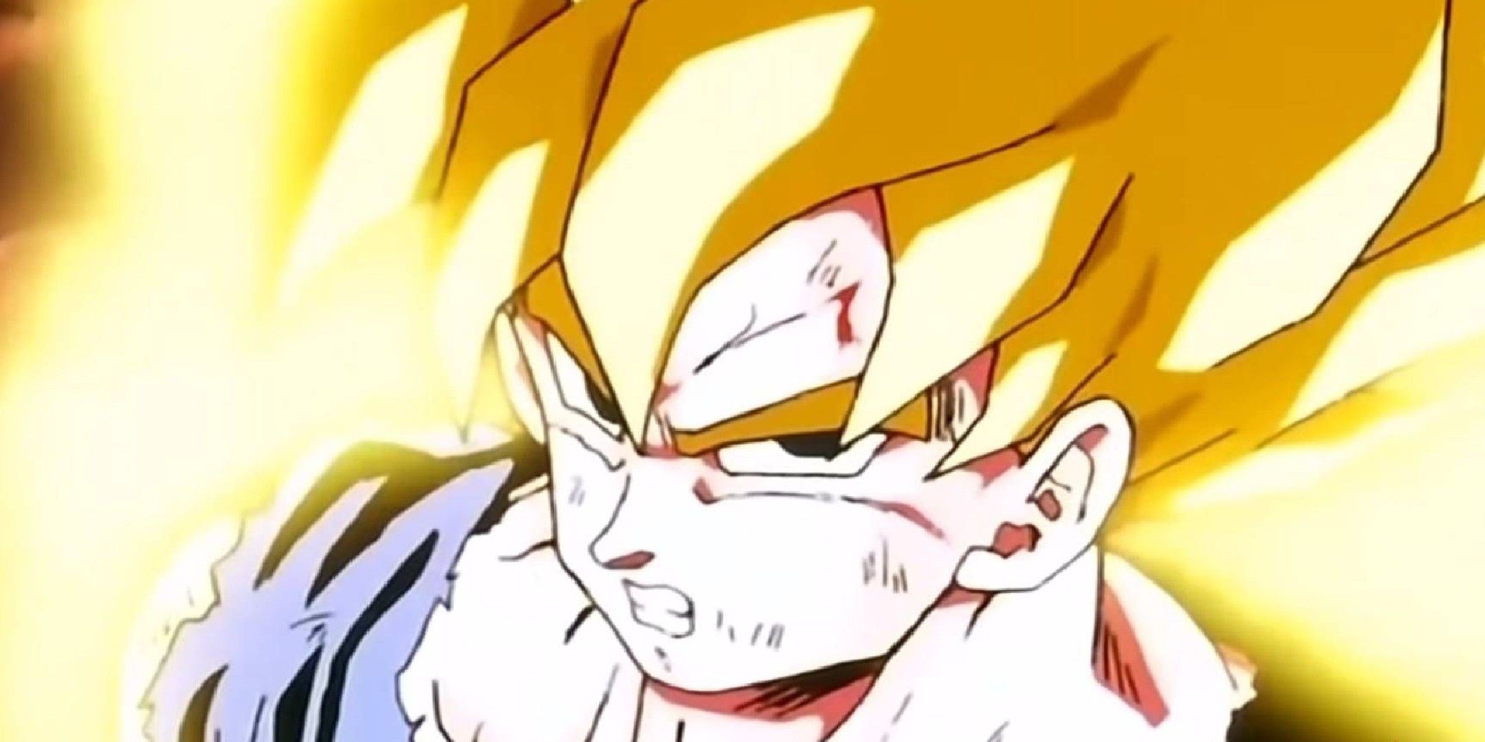 Goku from Dragon Ball looking angry after turning Super Saiyan for the first time.