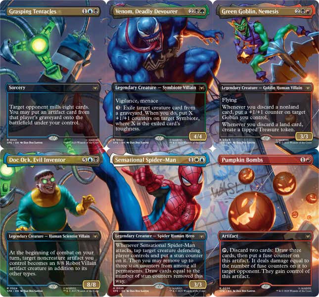 A screenshot shows Spider-Man MTG cards. 