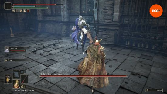 Elden Ring bosses: the Tarnished is fighting against a knight with two swords in a castle courtyard.