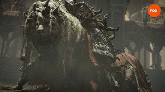 Elden Ring bosses: the Divine Beast Dancing Lion stares with its ghostly eyes at the camera.