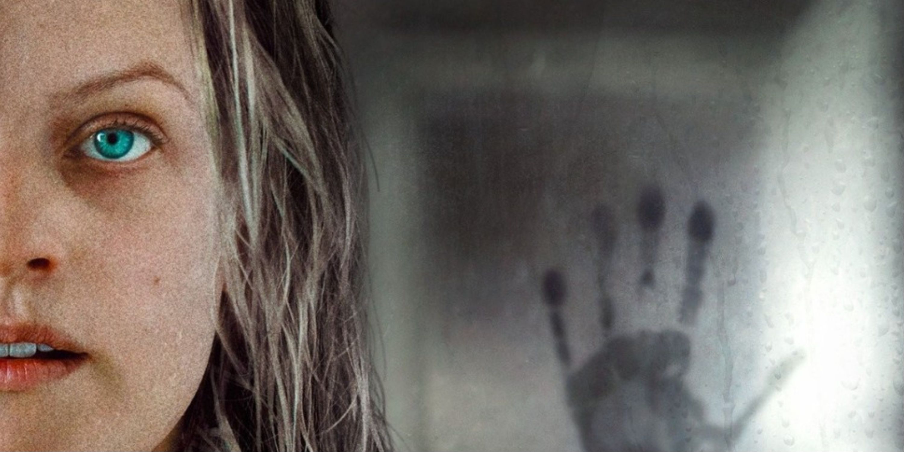 Elizabeth Moss with an eerie handprint seen through the steam on the shower glass in the main art for The Invisible Man.