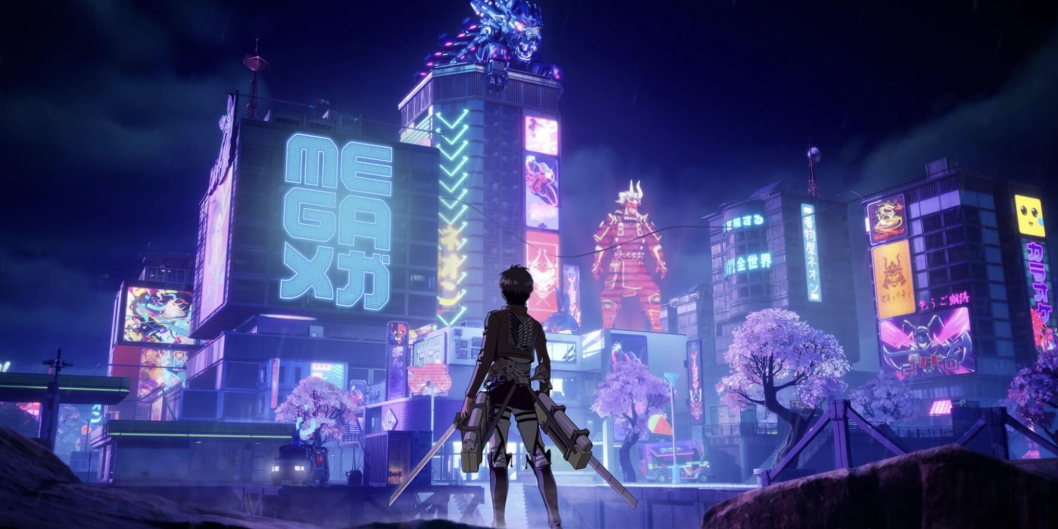 Eren Yaeger looking up at Mega City from Fortnite.