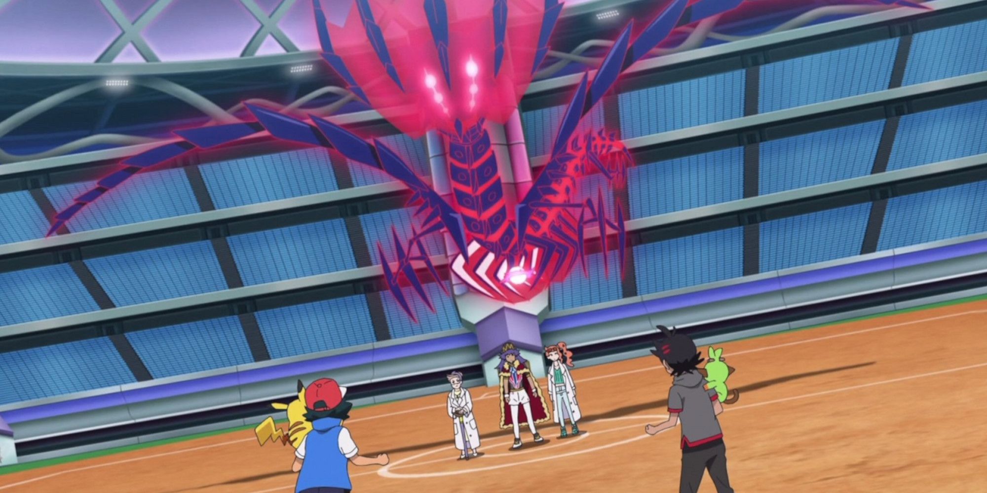 Leon stands with Eternatus behind him in the Pokemon anime.