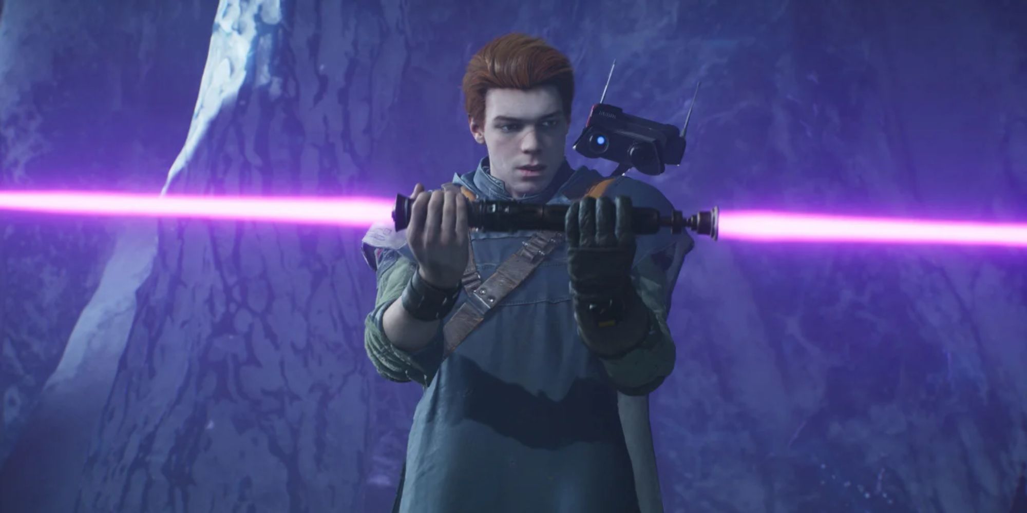 Cal Kestis with a purple lightsaber in Star Wars Jedi: Fallen Order.