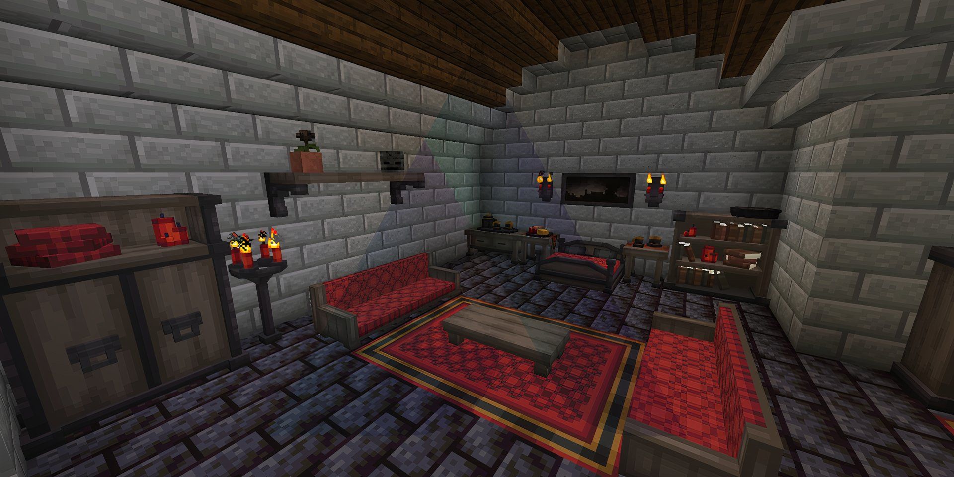 A screenshot of a bedroom using the Fantasy Furniture mod in Minecraft.