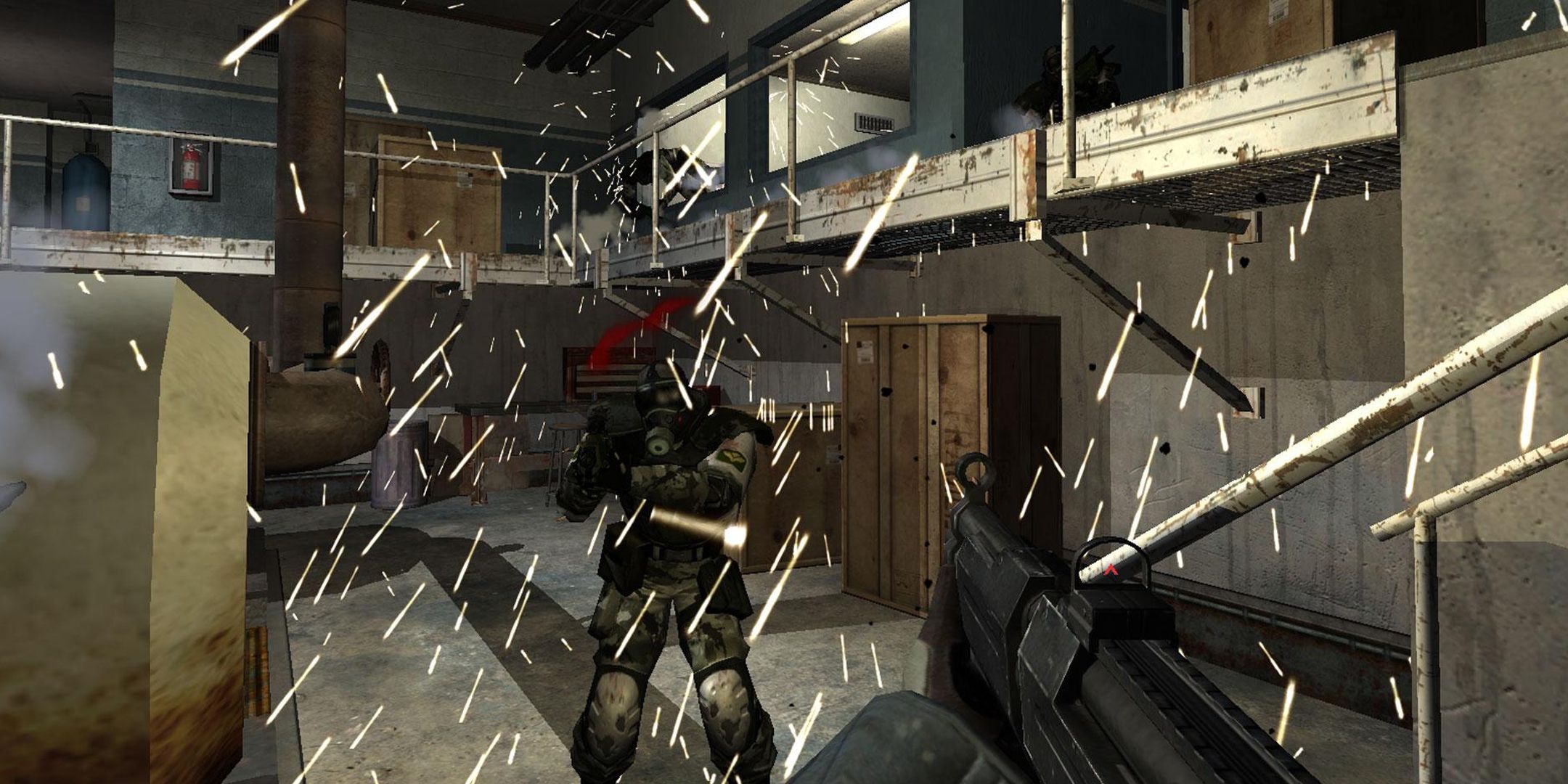 FEAR screenshot of sparks raining while an enemy looks at the player.