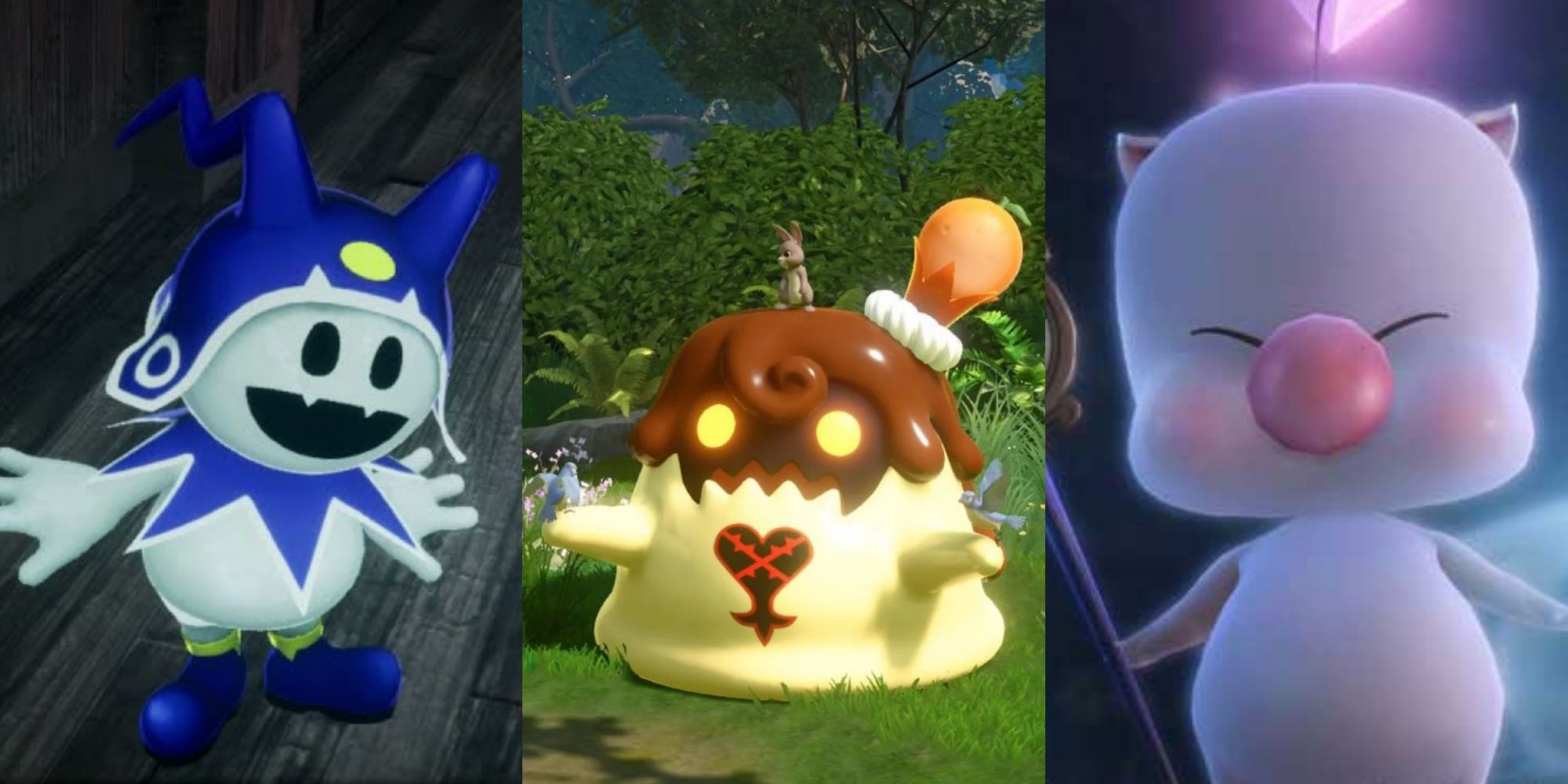 Split image screenshots of Jack Frost, the Flan Heartless, and a Moogle.