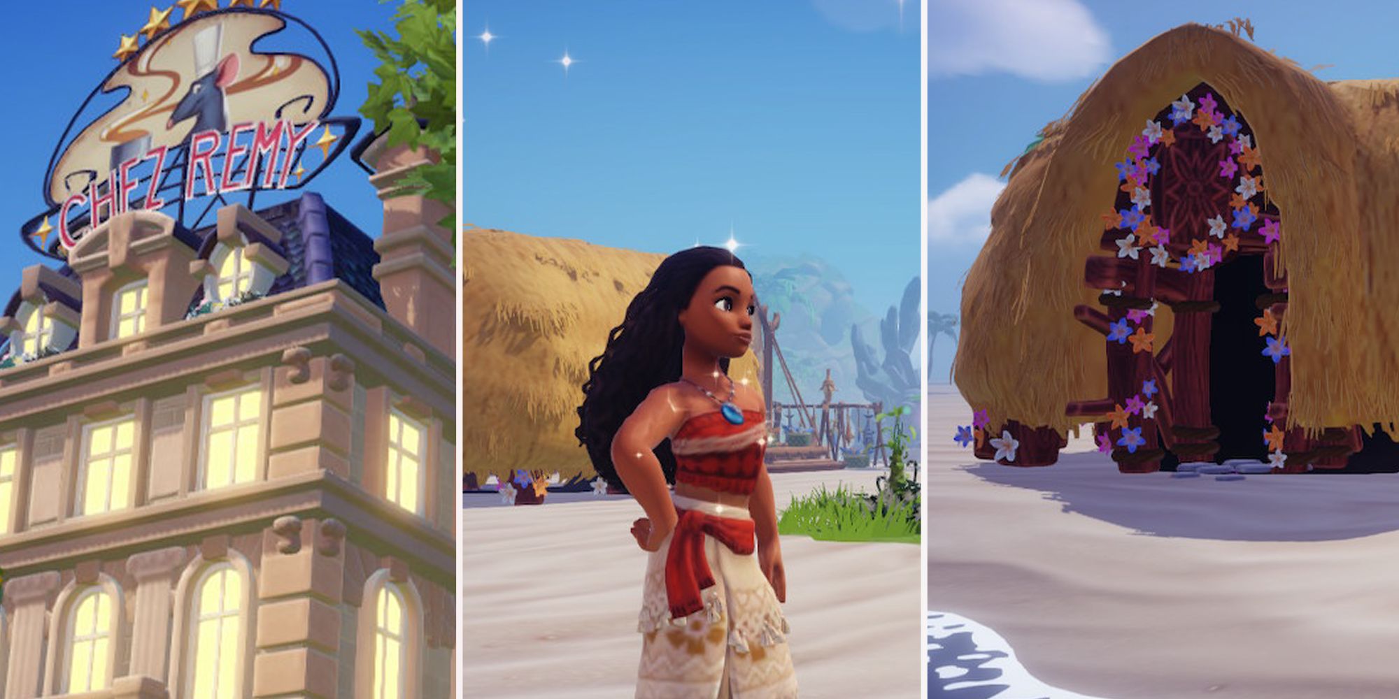 Combined image of Chez Remy, Moana, and Moana's House in Disney Dreamlight Valley