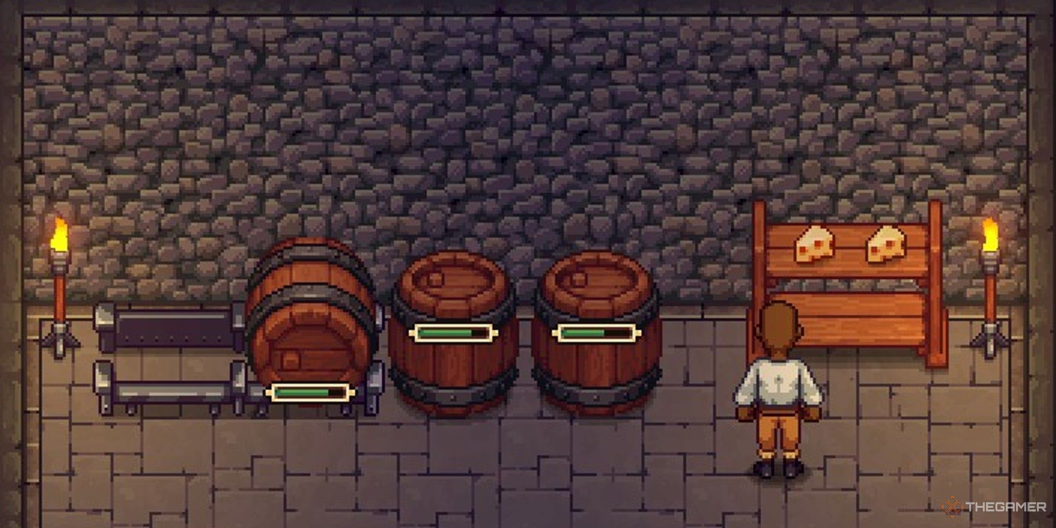 Player character standing in their cellar near several Aging Barrels and an Aging Rack with cheese on it in Travellers Rest.