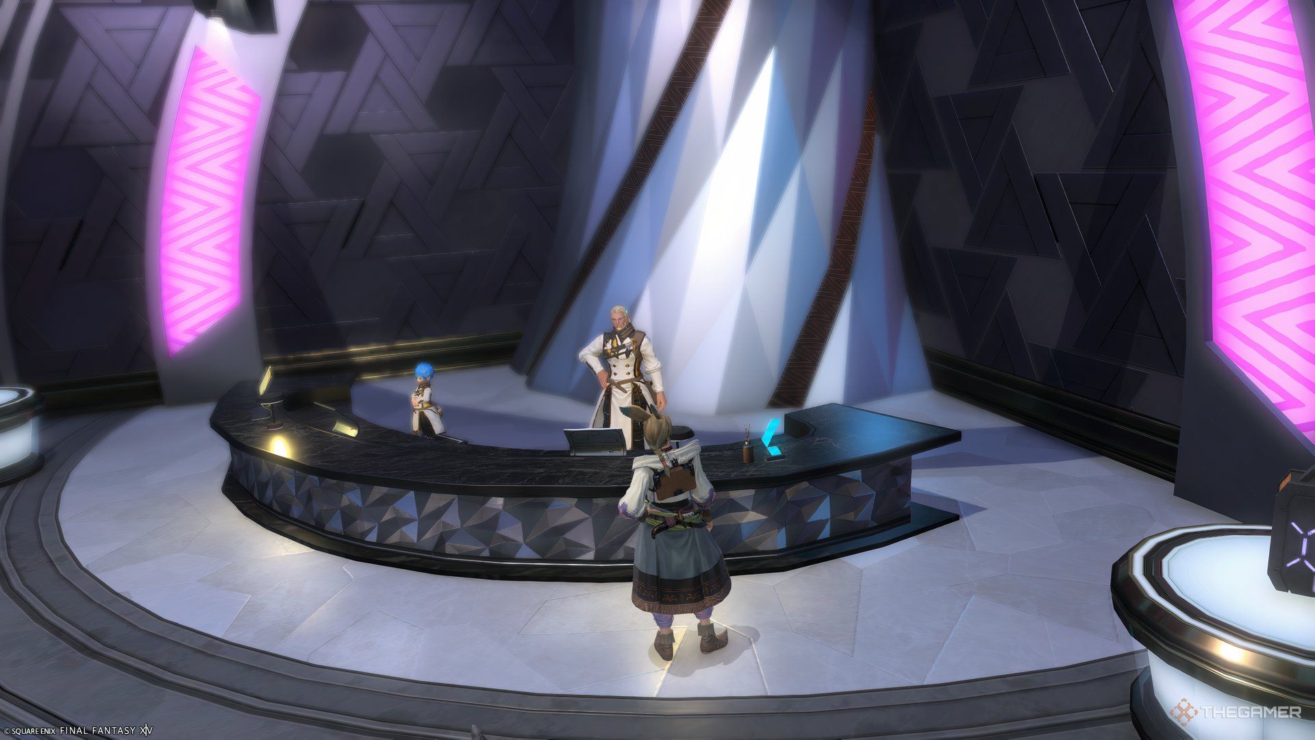 Pictomancer Warrior of Light standing in front of the materia shopkeeper, Zale, Solution Nine in Final Fantasy 14 Dawntrail.