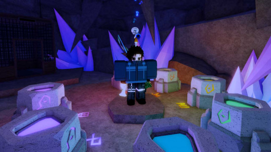 A player character in the Keepers Secret area of Fisch getting ready to use an Exalted Relic to enchant their rod.