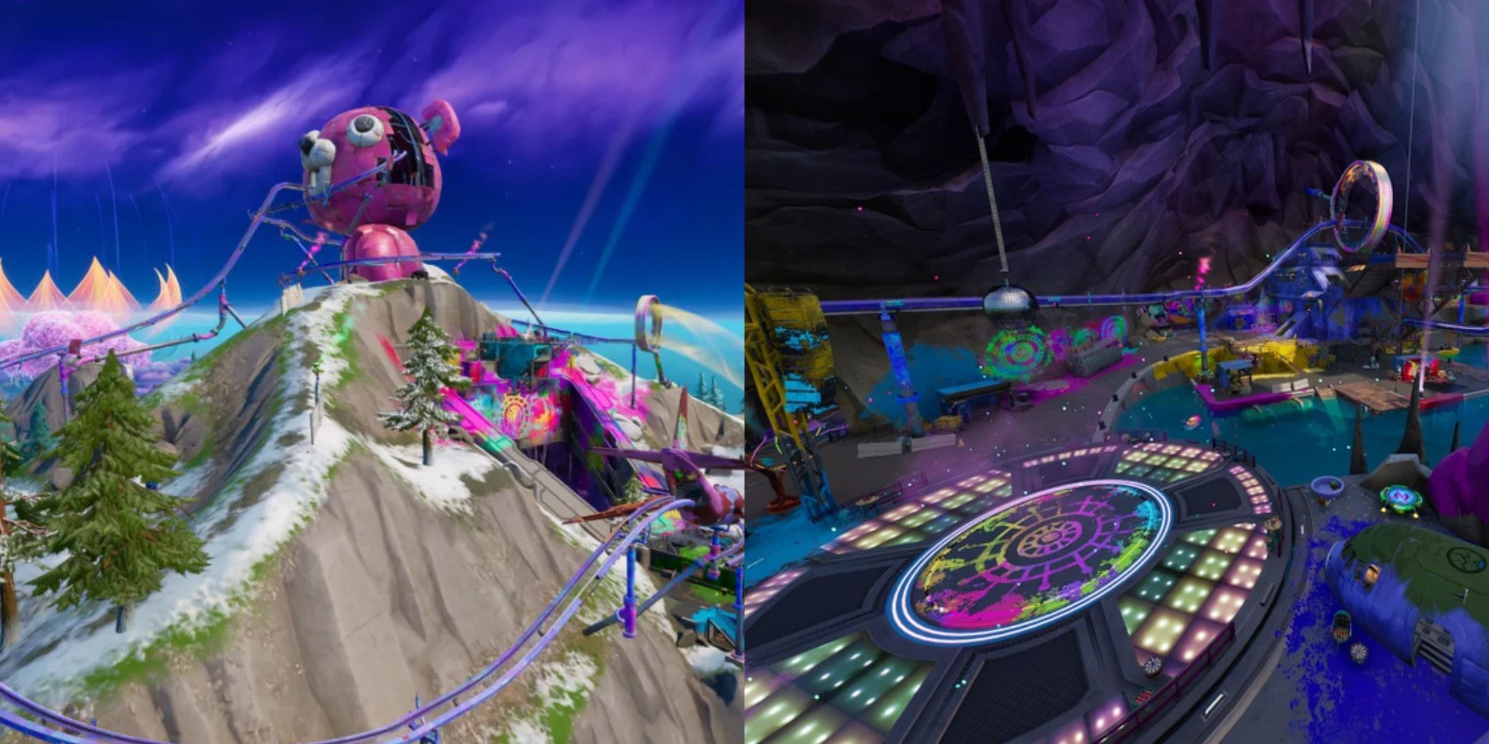 Fortnite's Rave Cave POI from the outside and on the inside.