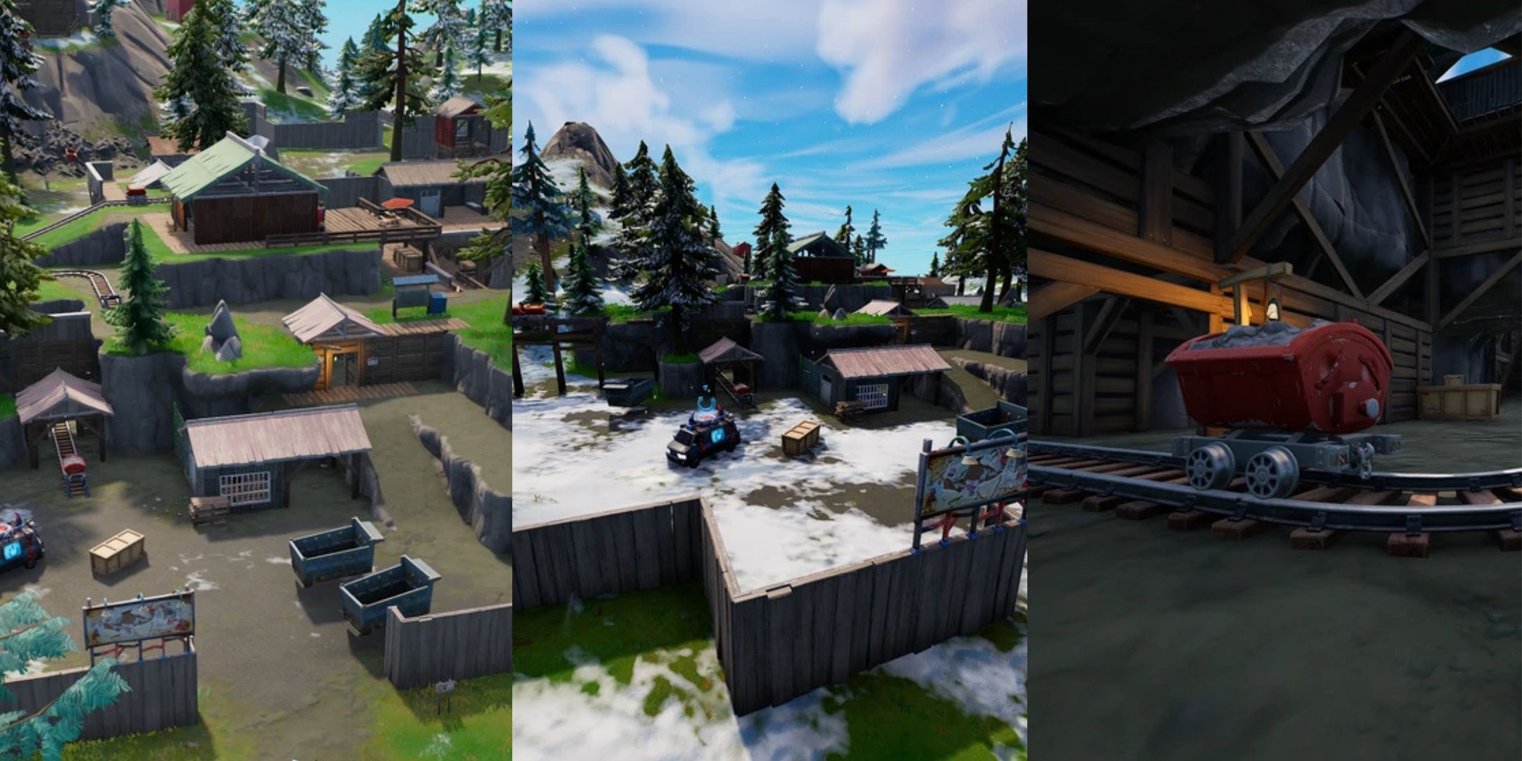 Interiors and exteriors of Fortnite's Shifty Shafts POI.