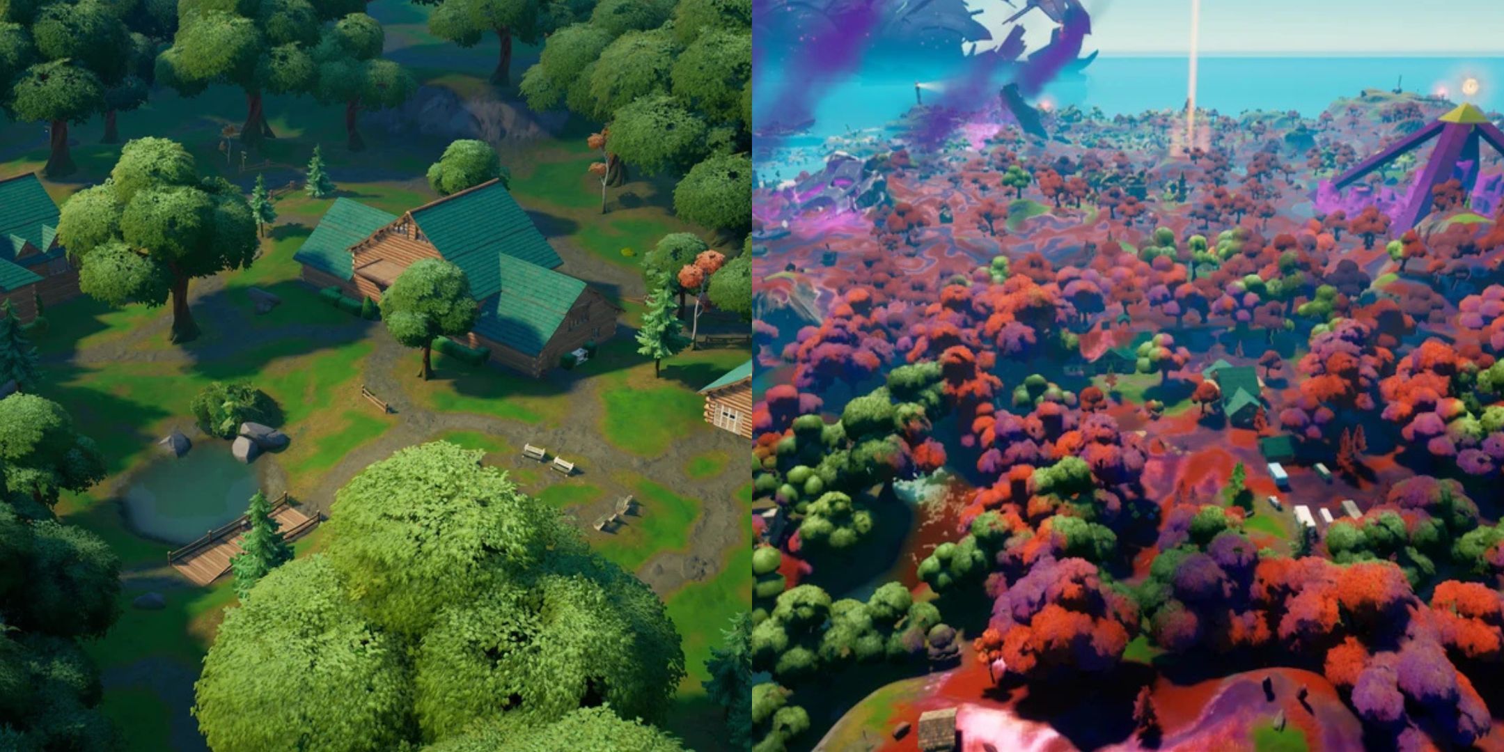 Screenshots of Fortnite's Weeping Woods POI on different seasons.