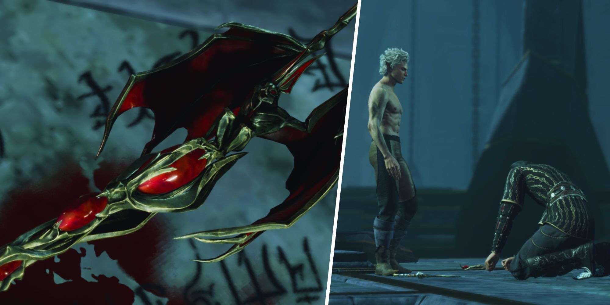 Baldur's Gate 3 - Split image: Cazador's staff / Astarion standing over a kneeling Cazador