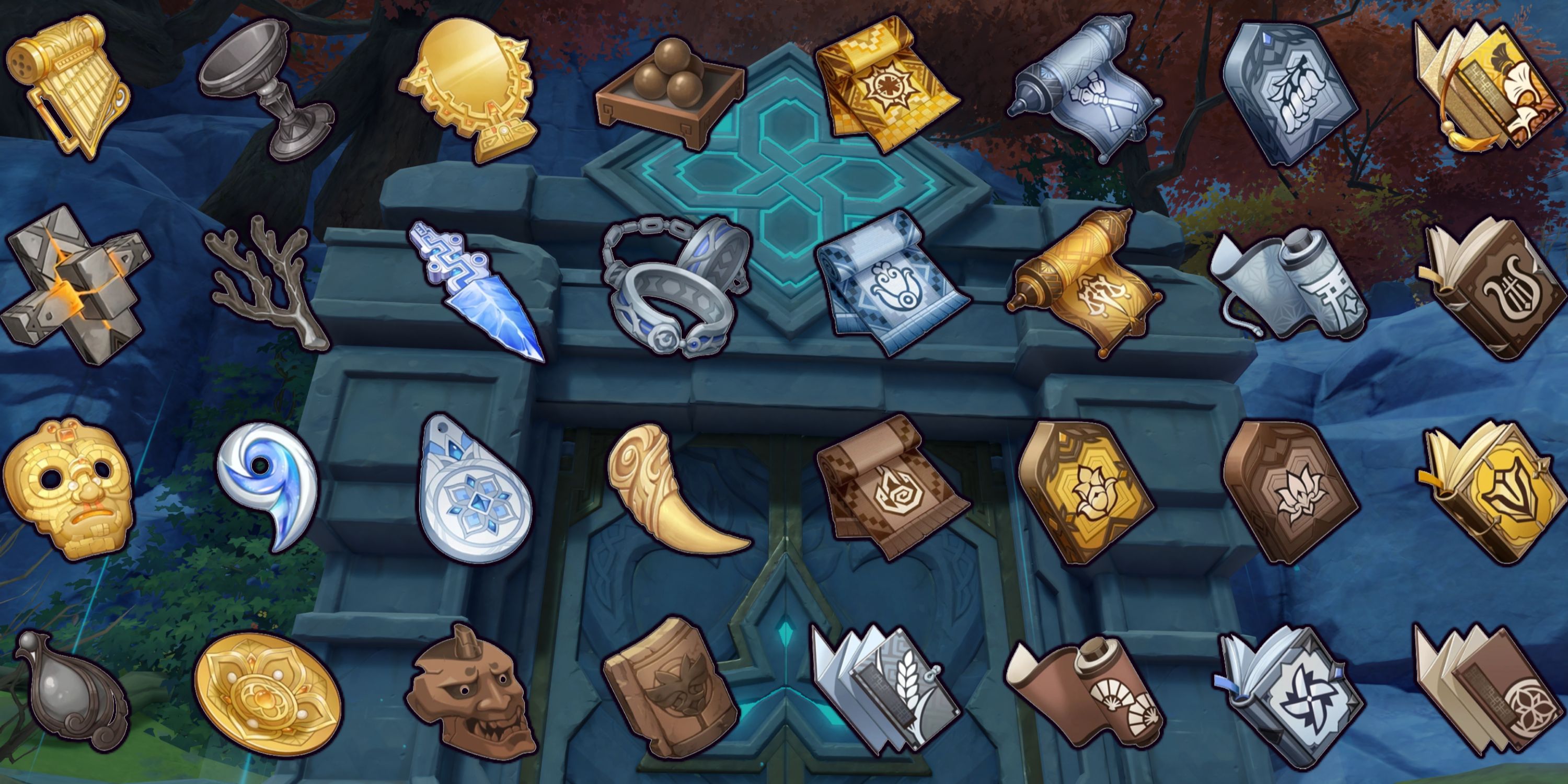 A domain entrance from Genshin Impact overlaid with a collage of character talent books and weapon enhancement materials