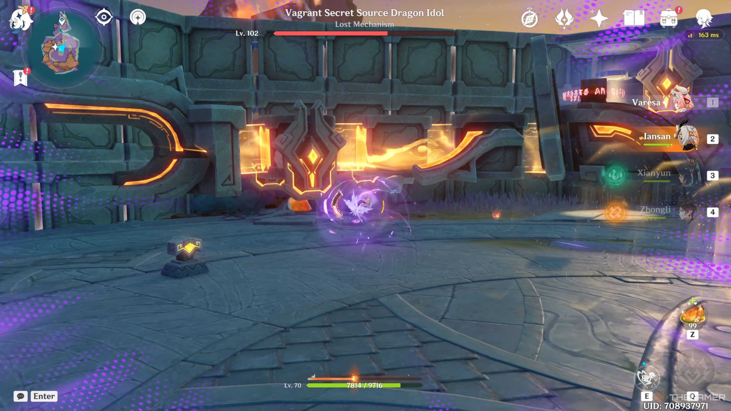 Genshin Impact Varesa fighting the Vagrant Secret Source Dragon Idol.