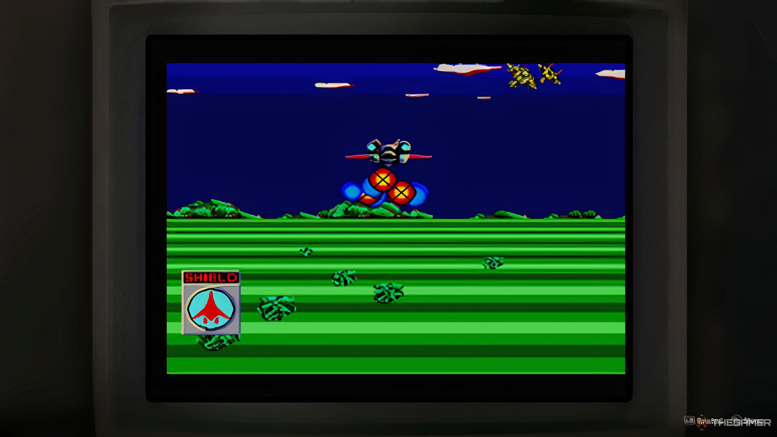 A spaceship fires in a level of Galaxy Force, from Pirate Yakuza Master System. 