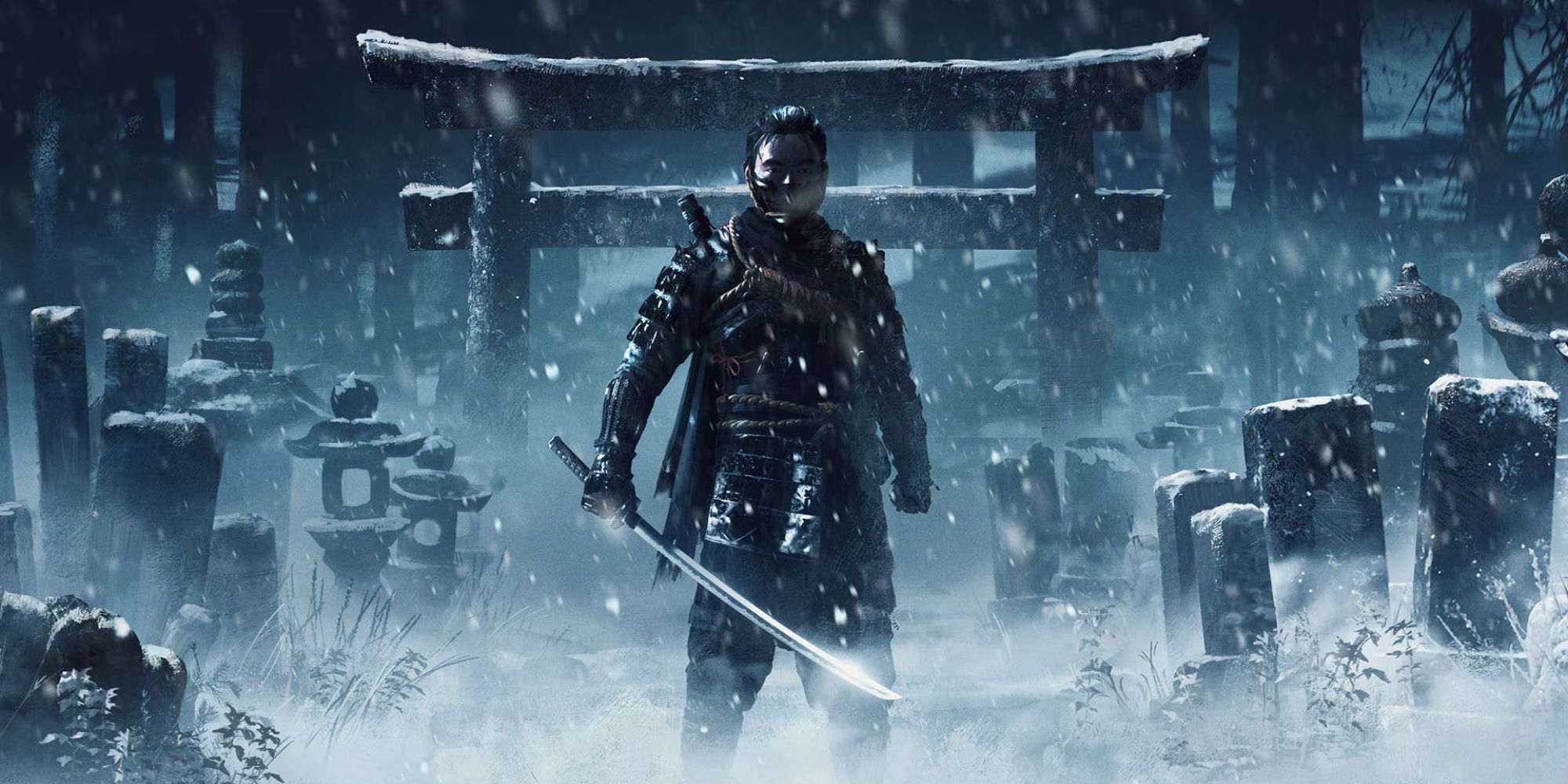 Jin Sakai standing still in the middle of a snowfall, wearing his mask and holding his katana in Ghost of Tsushima.