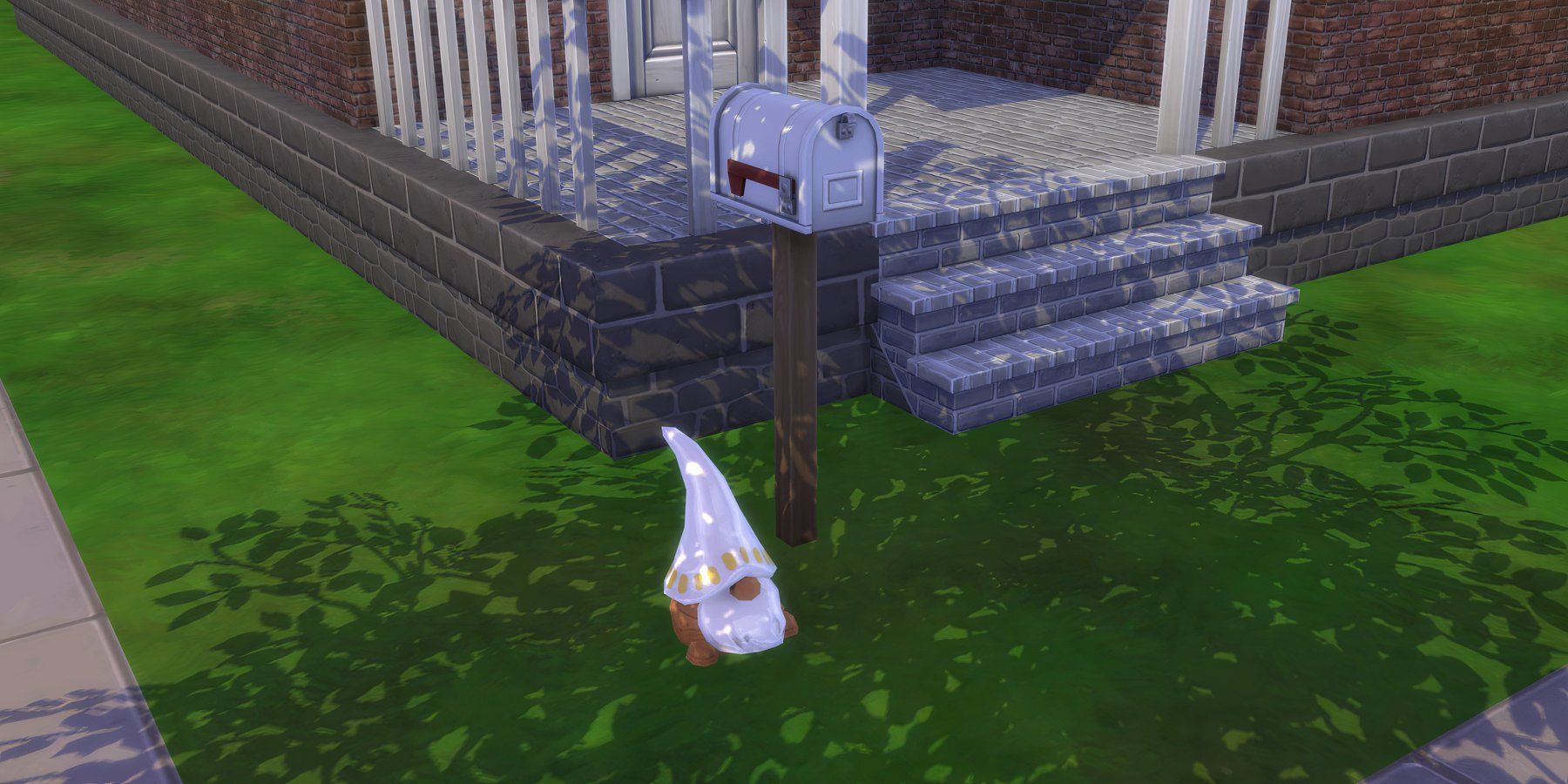 A gnome sculpture in The Sims 4 sits outside a house.