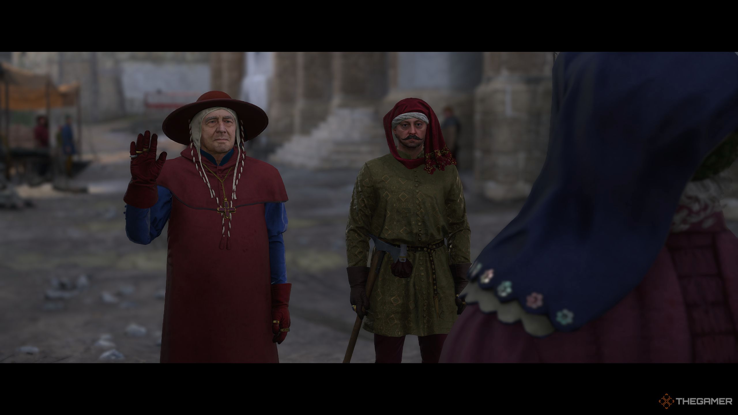 In-game cutscene featuring Godwin dressed as the Cardinal.