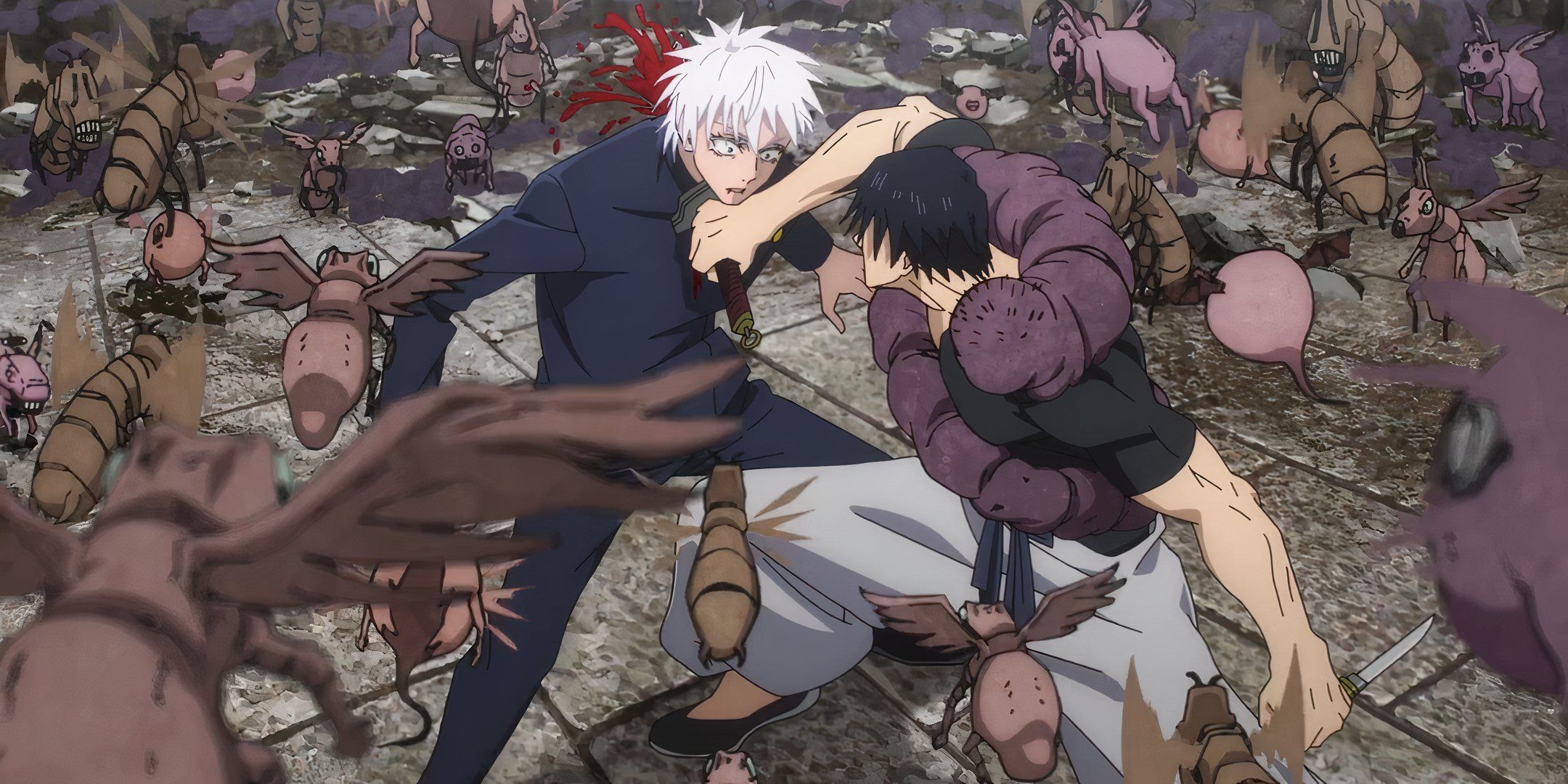 An Image Of Toji Stabbing Gojo In The Throat in Jujutsu Kaisen.