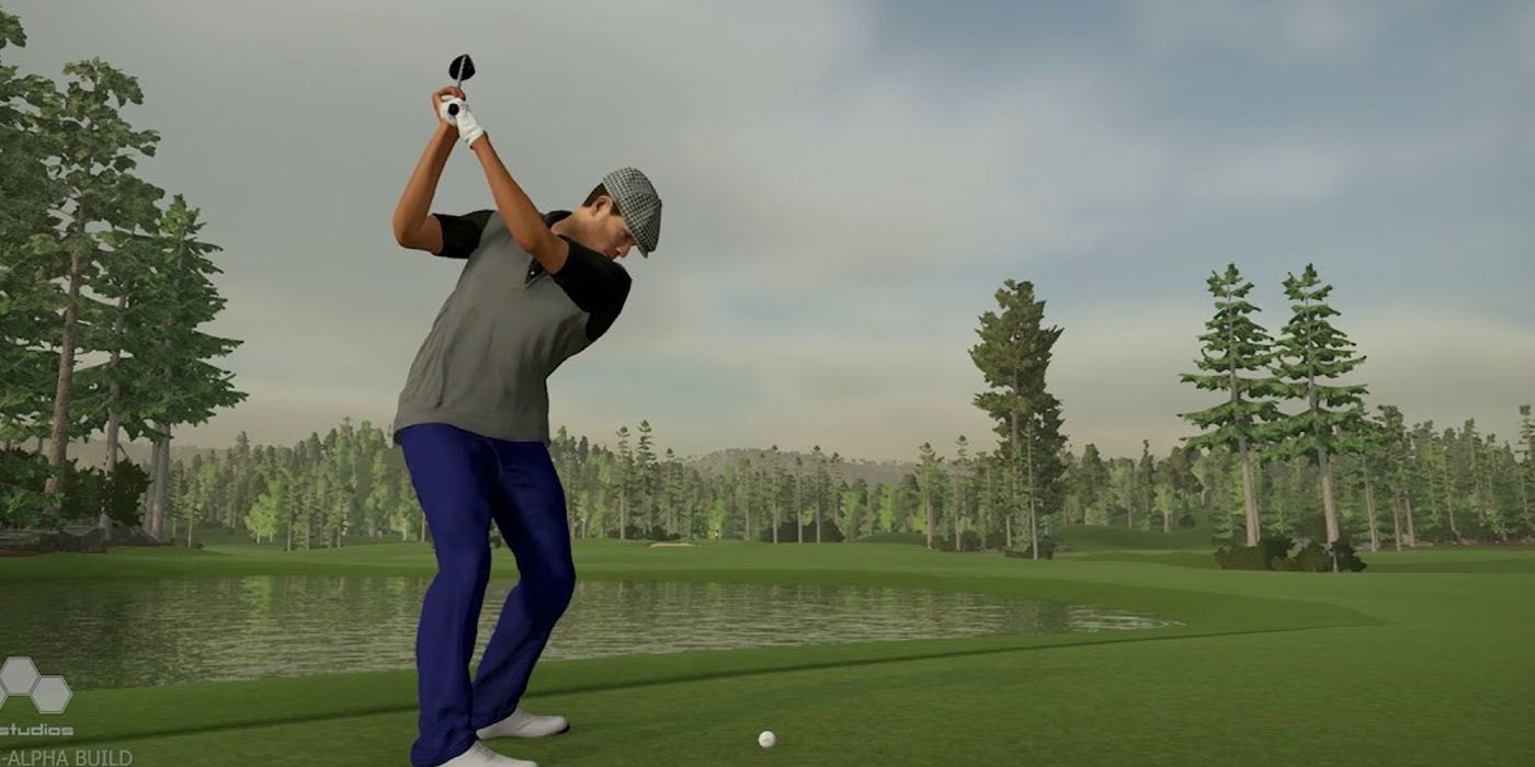 A golfer takes a big swing.