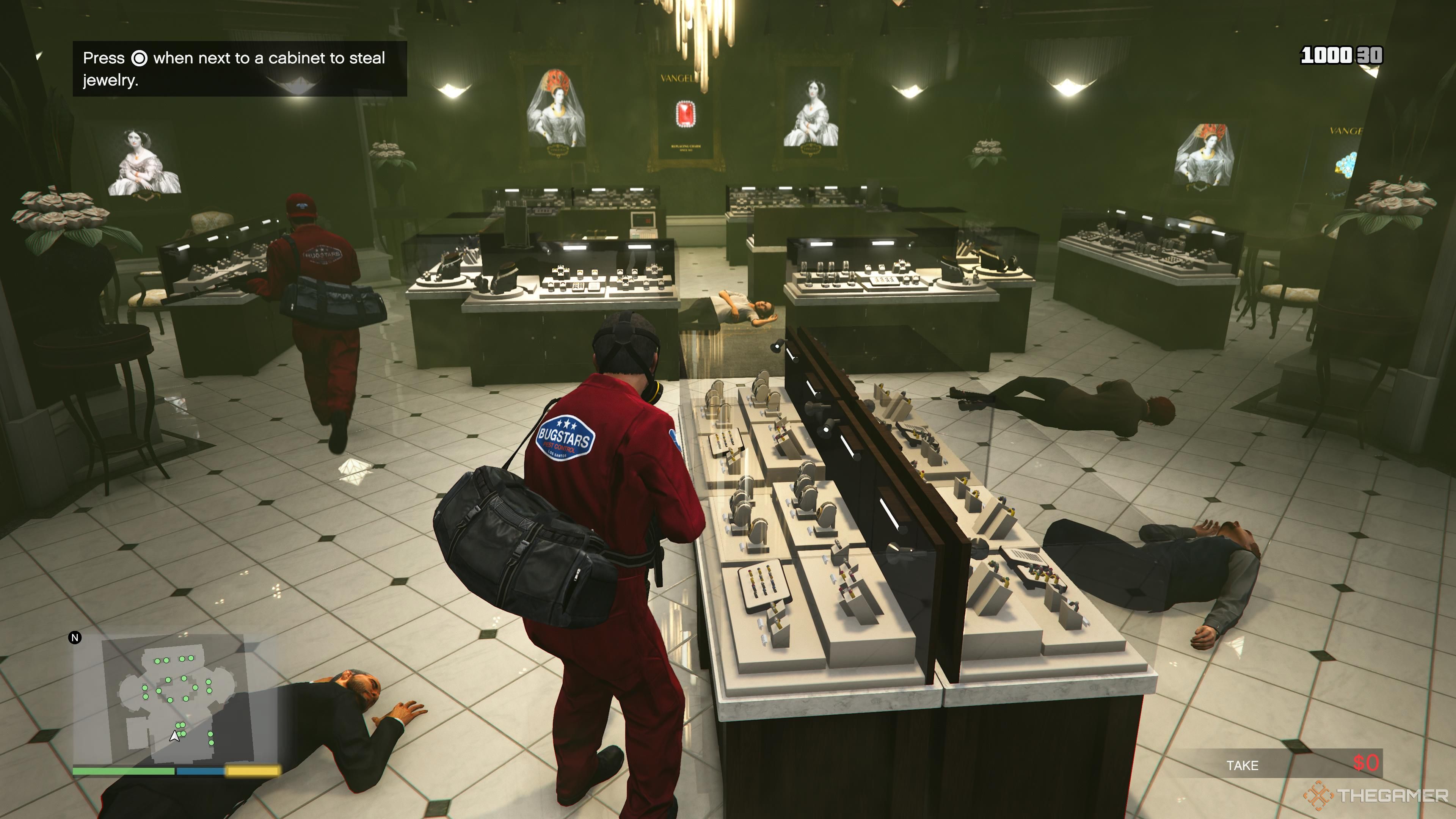 A crew robbing jewelry store in Grand Theft Auto 5.
