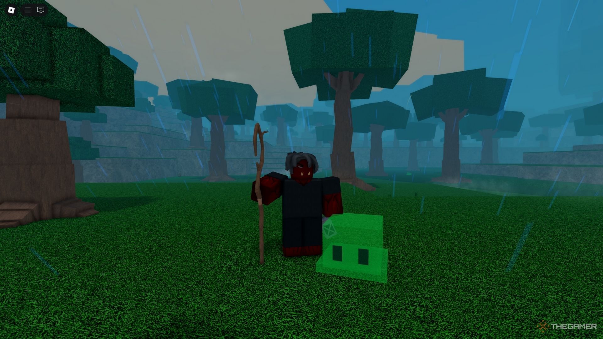 The player character shows Green Slime in the forest near the Wayshire in Rune Slayer.