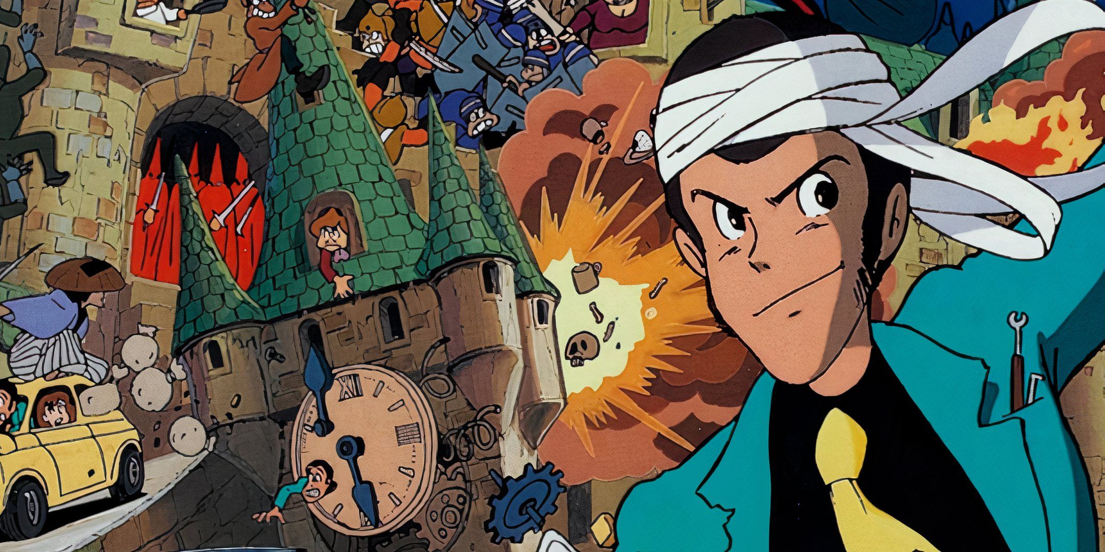 Lupin III in front of an exploding castle.