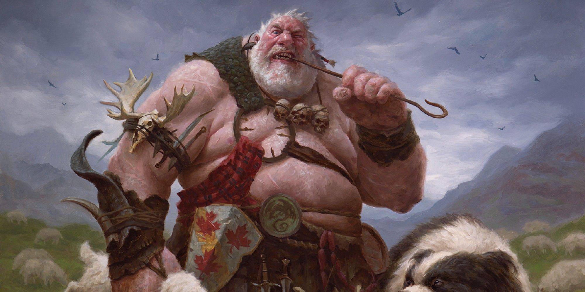 A hill giant with a giant hound in D&D official art. 
