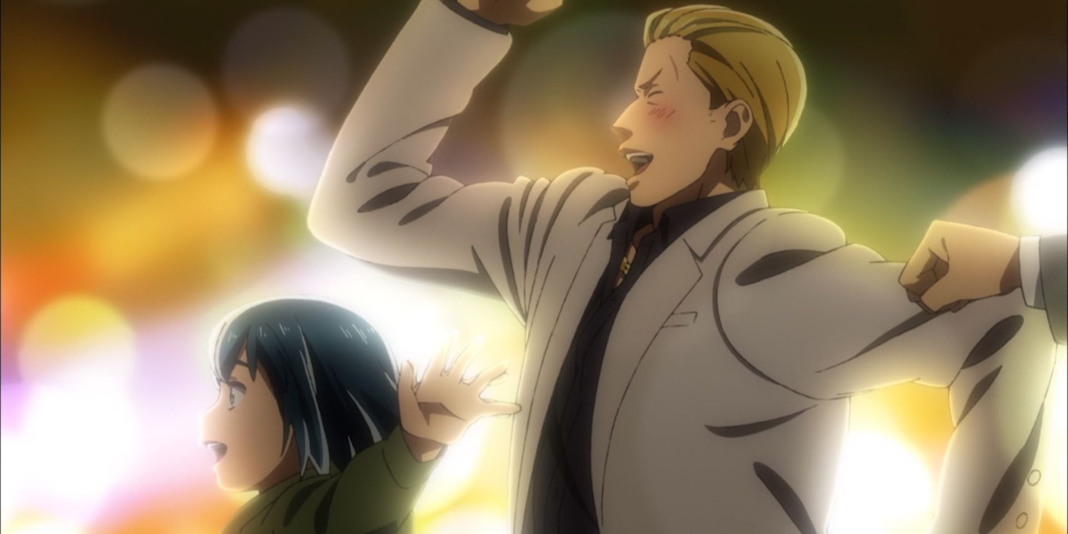 The yakuza main character running with his newfound daughter both laughing in Hinamatsuri.