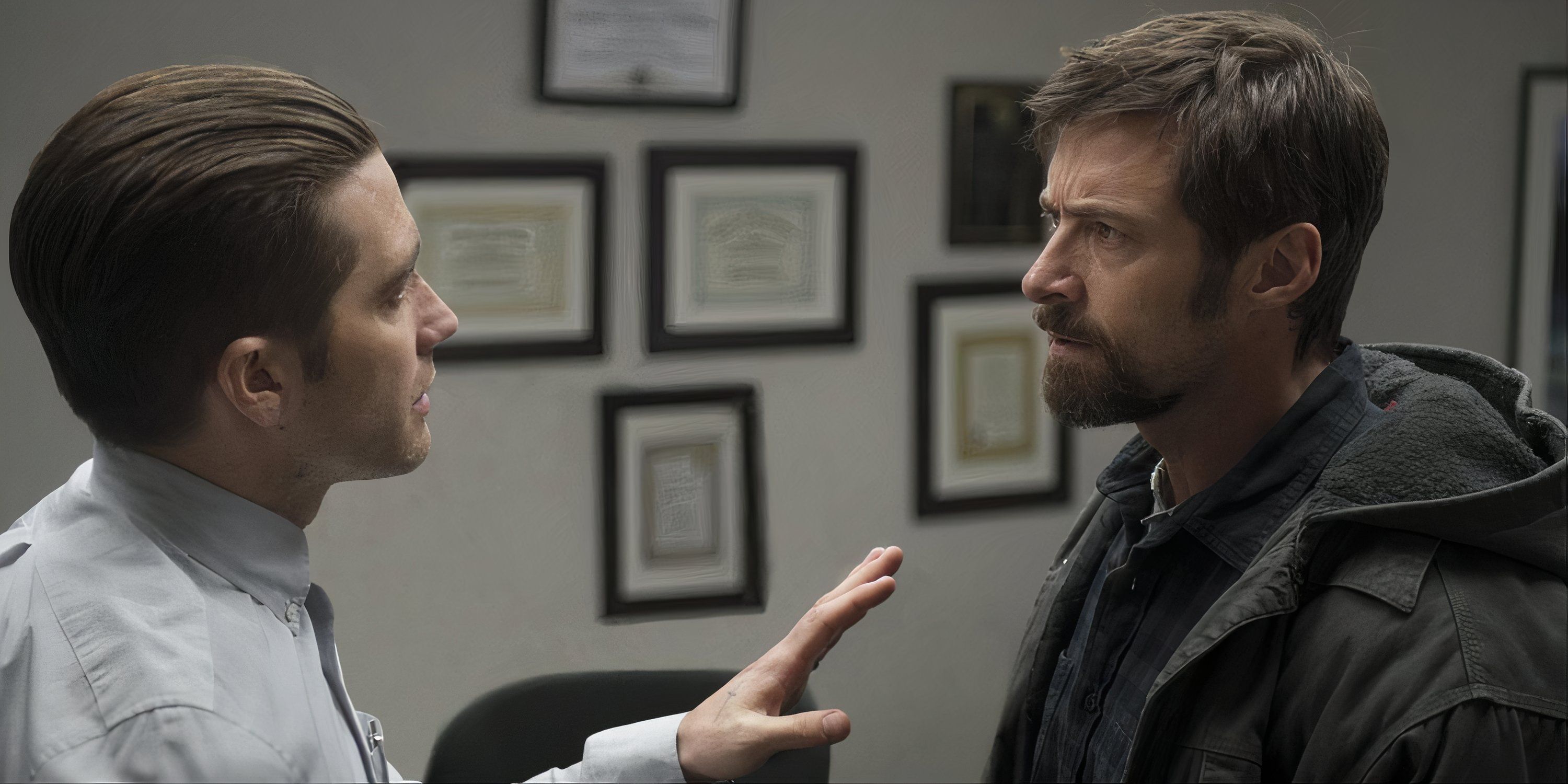 Hugh Jackman and Jake Gyllenhaal in a heated exchange in Prisoners.