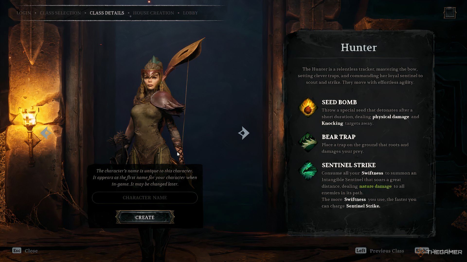 Hunter class selection screen in Legacy: Steel & Sorcery.