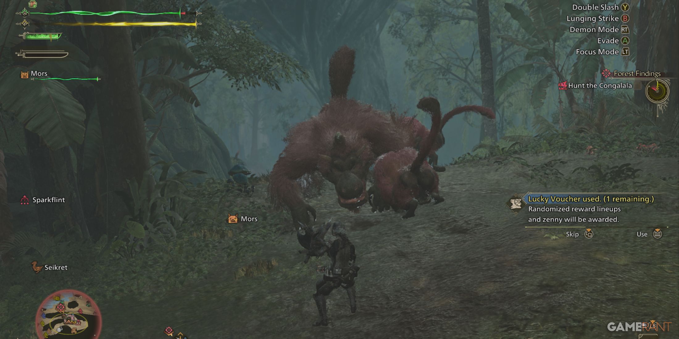 Hunter facing multiple creatures in Monster Hunter Wilds, preparing for a tactical fight