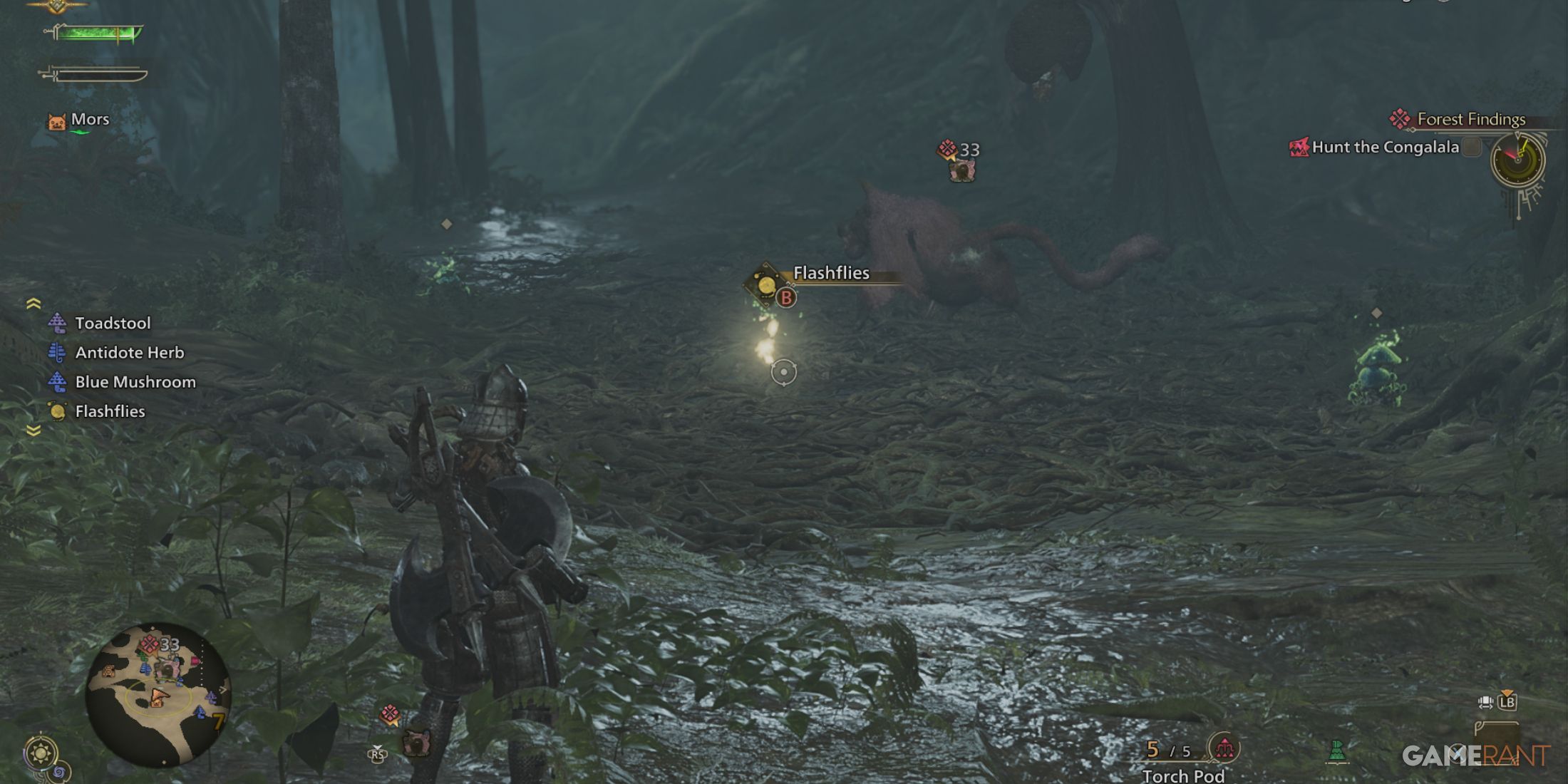Hunter using flashflies in Monster Hunter Wilds to gain a tactical advantage in a monster battle