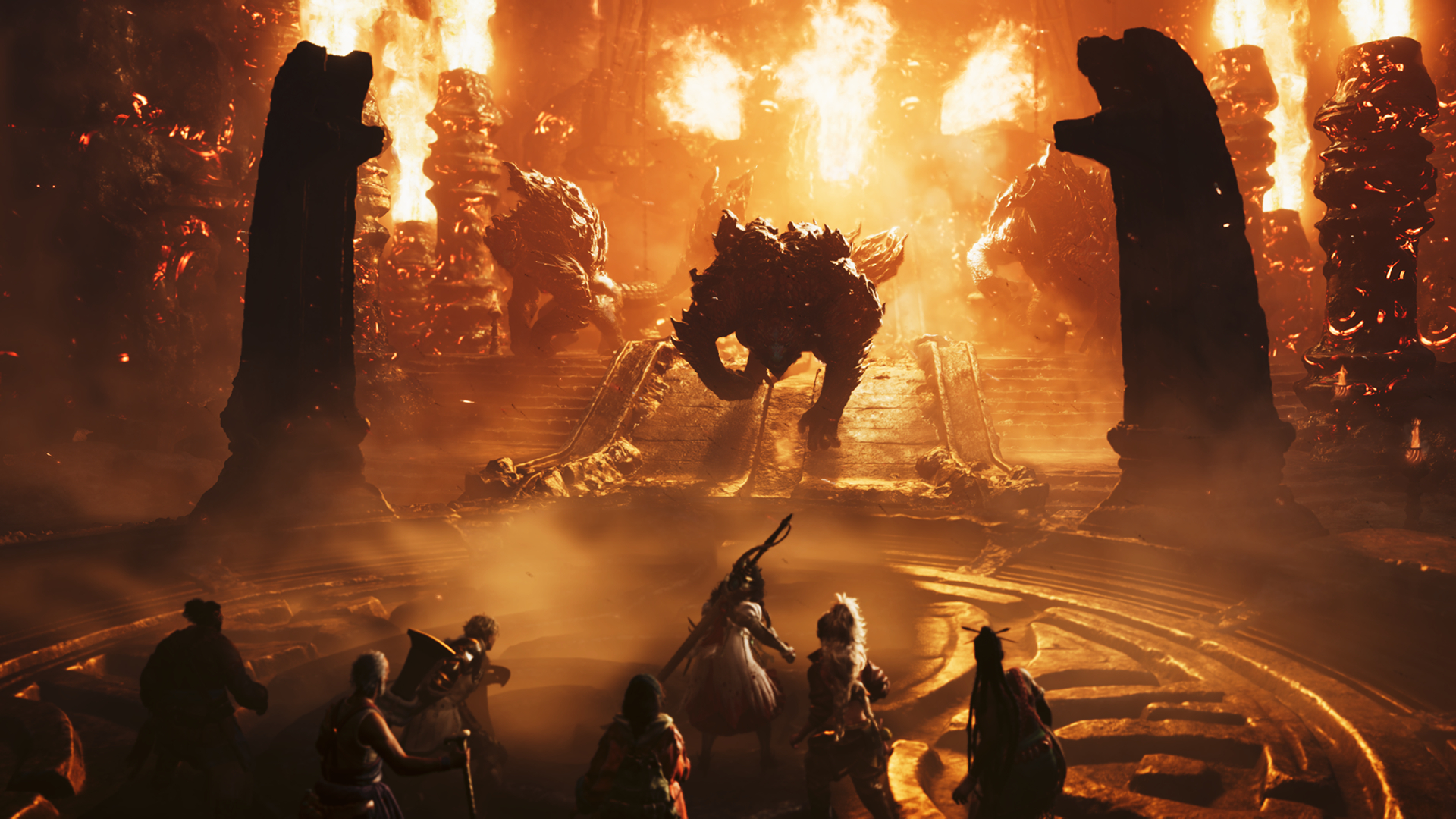 A group of hunters approaching a monster in front of flames in Monster Hunter Wilds