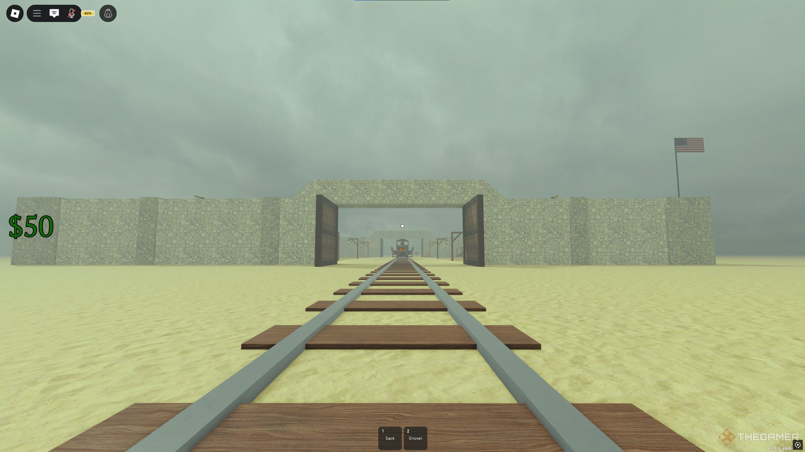 A checkpoint, with the train already docked inside it, in Dead Rails on Roblox.