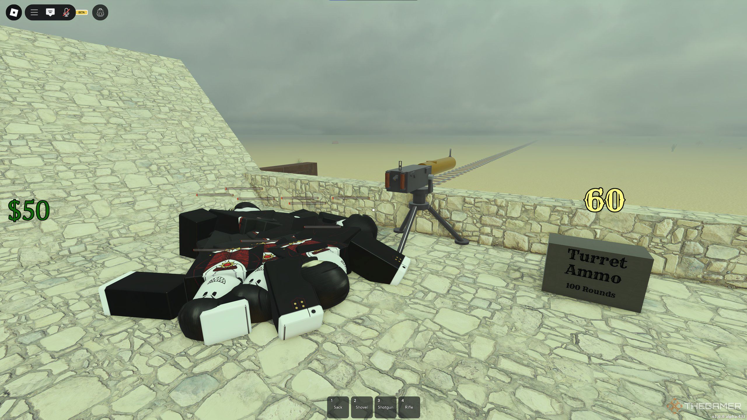 A pile of vampire corpses made by the turrets mounted on the walls of checkpoints, in Dead Rails on Roblox.