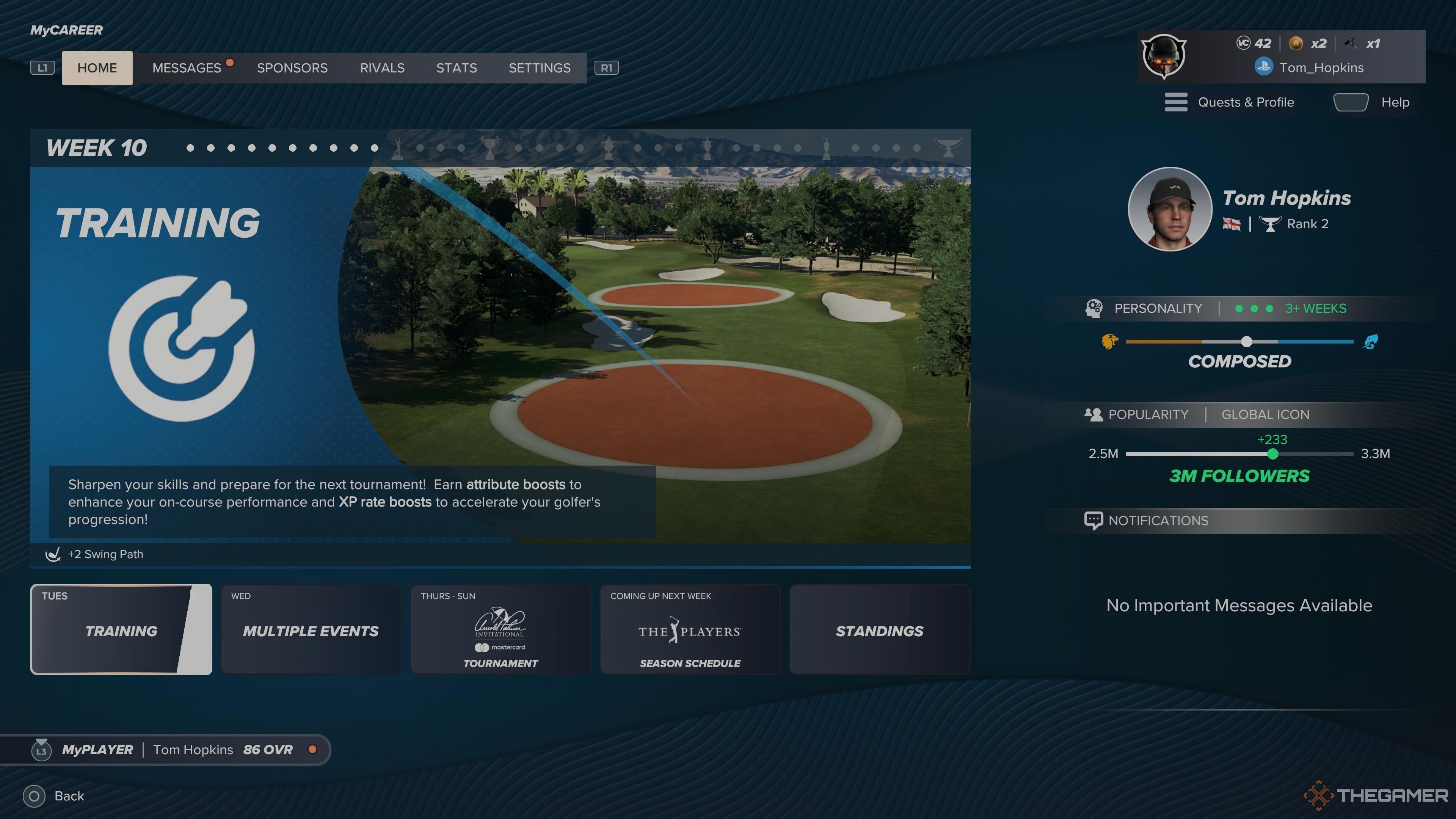 The MyCareer calendar screen in PGA Tour 2K25.