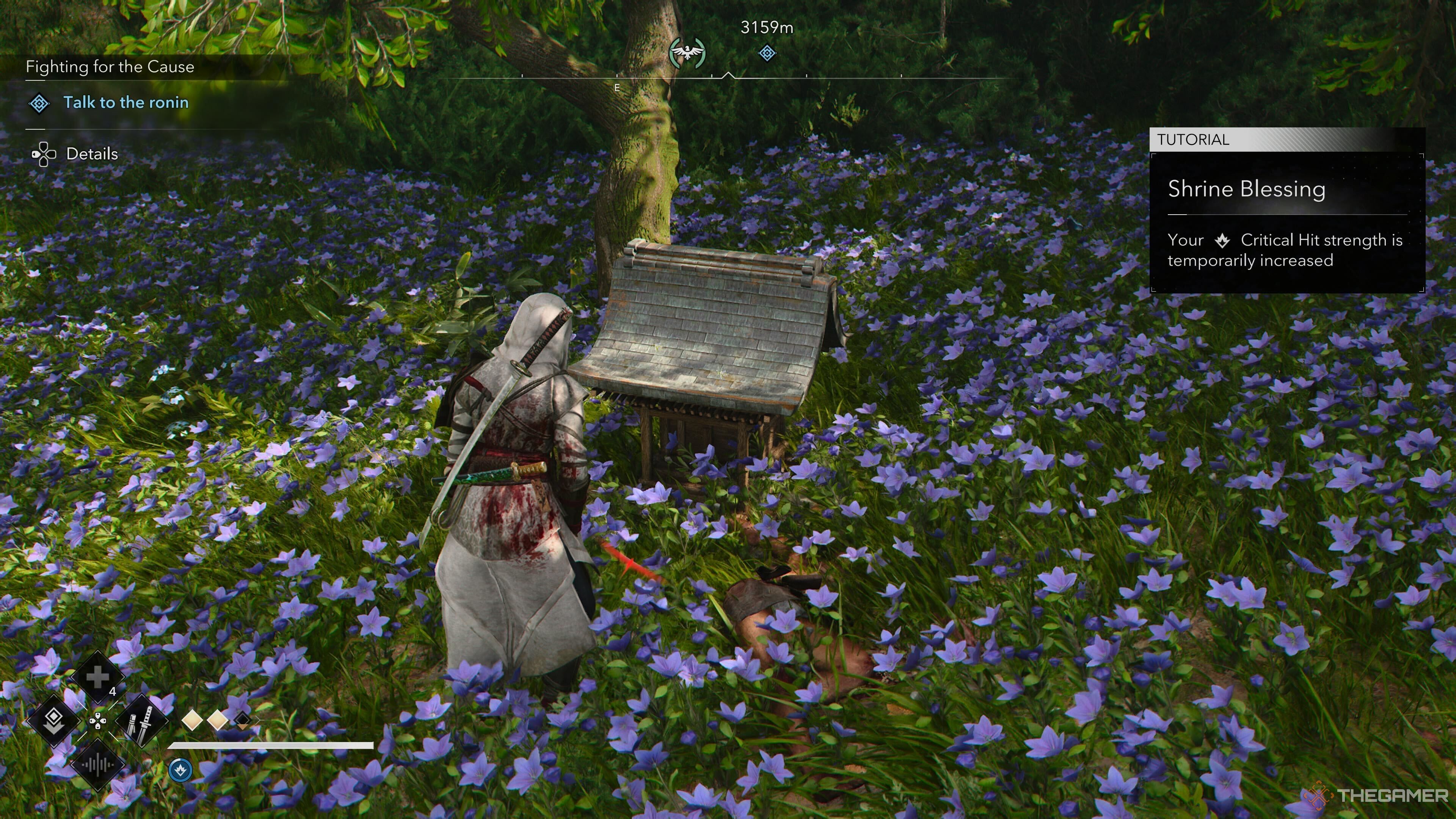 Naoe by a small shrine in Assassin's Creed Shadows.