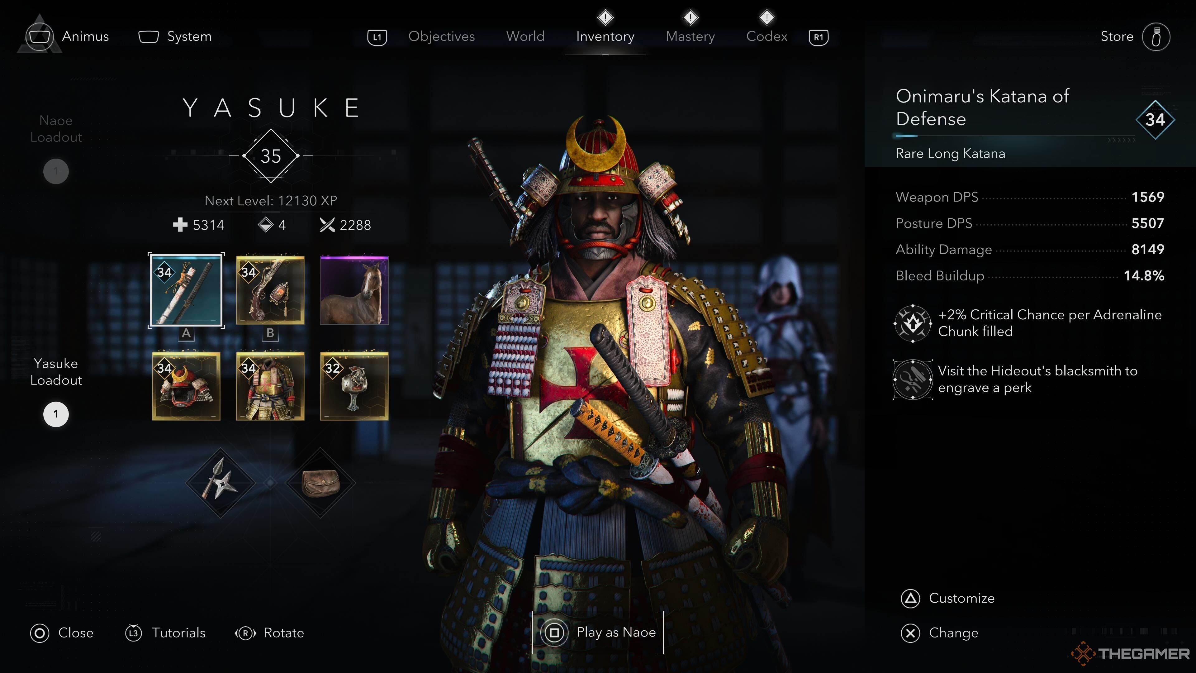 Yasuke level in the inventory in Assassin's Creed Shadows.