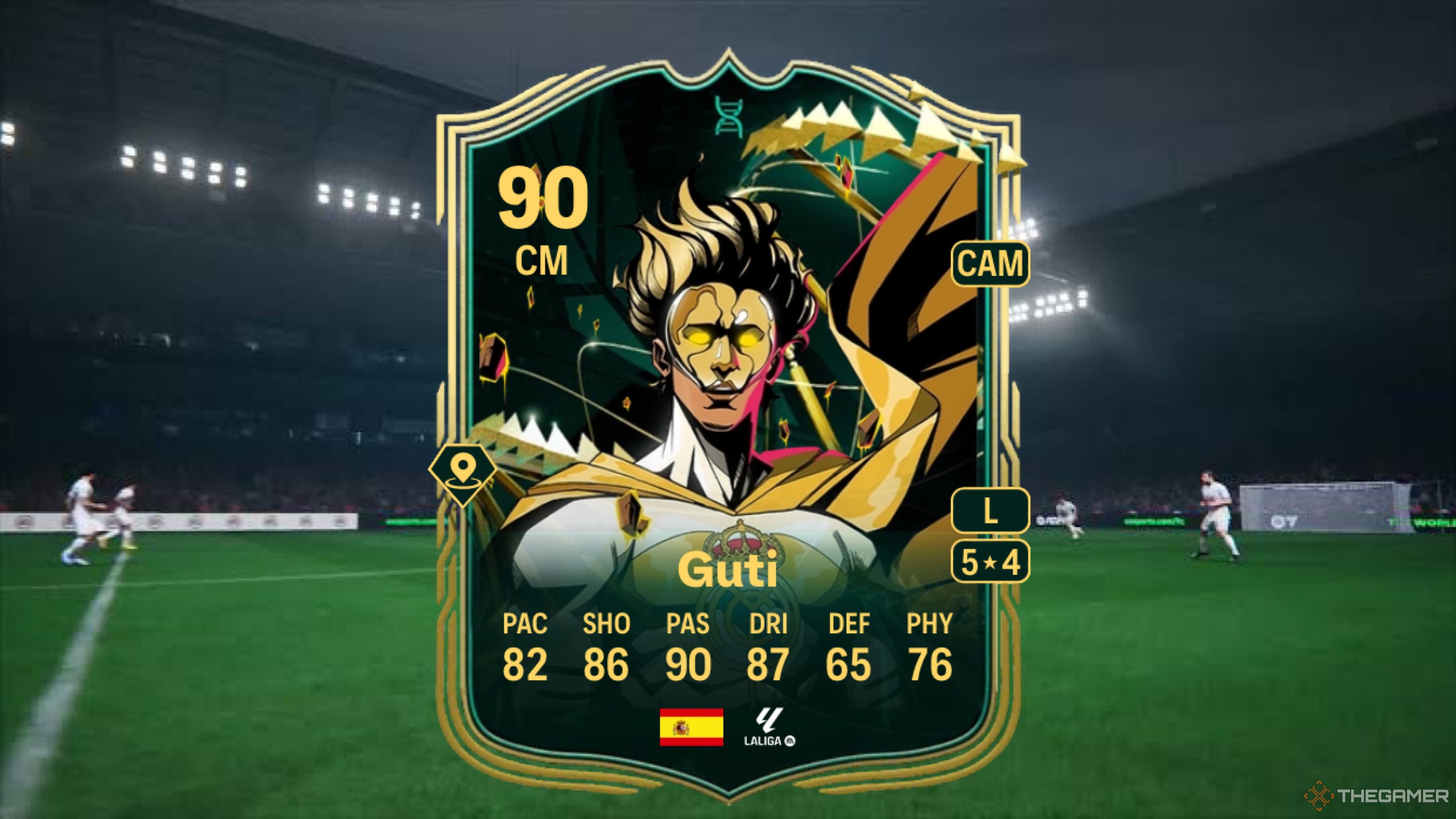 Image showing Guti card against a faded pitch background.