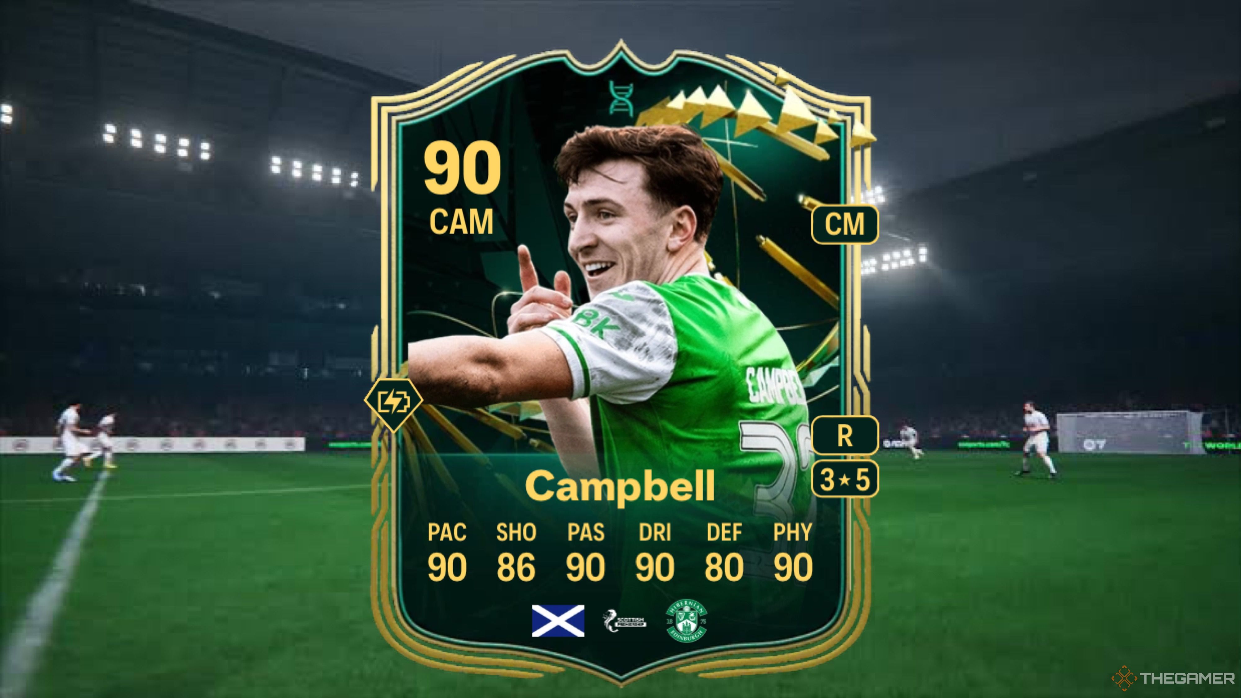 Image showing Campbell card against a faded pitch background.