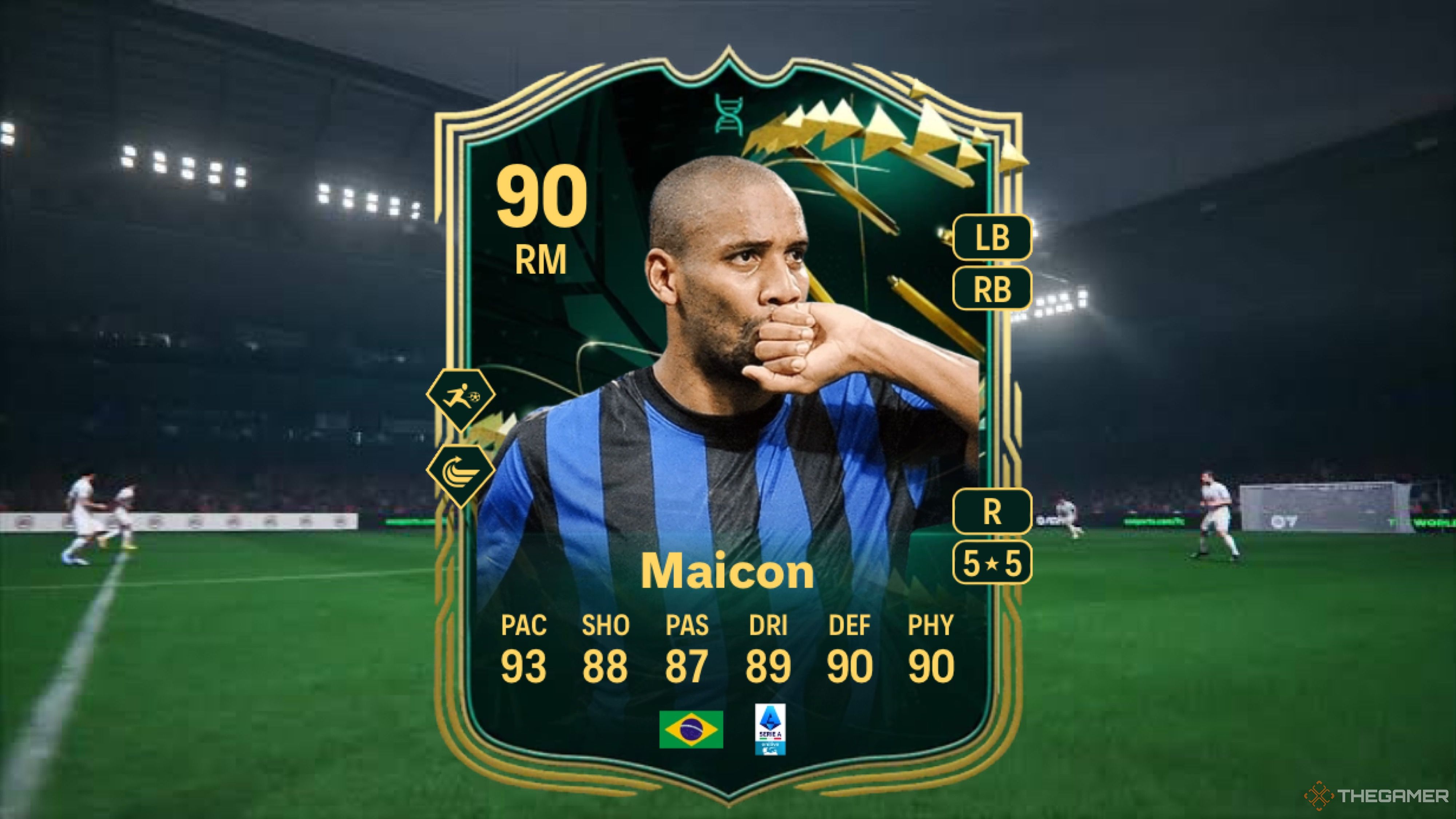 Image showing Maicon card against a faded pitch background.
